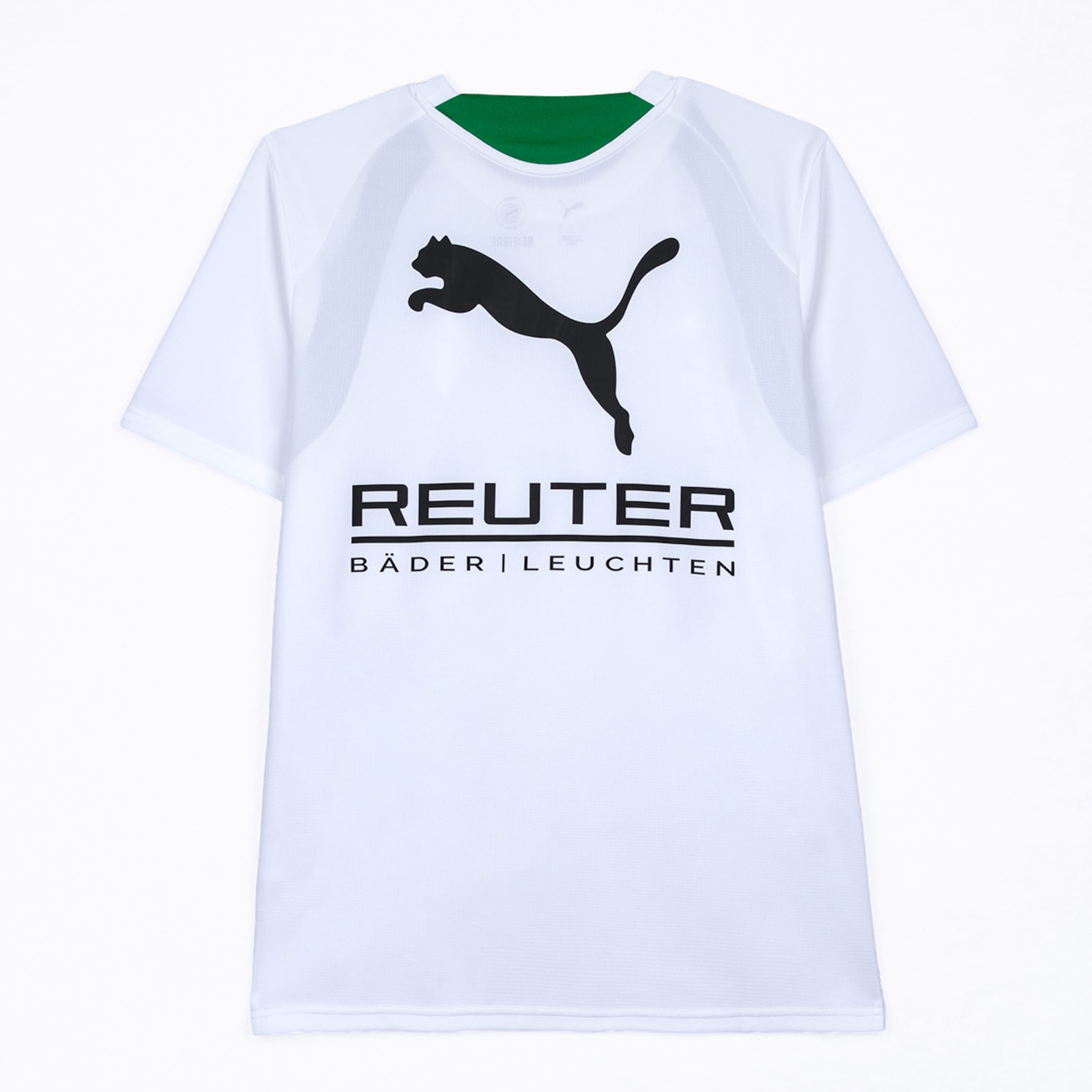 A white short-sleeved football jersey with a green inner collar. The front features a large black Puma logo above the black text 'REUTER' and 'BÄDER | LEUCHTEN'.