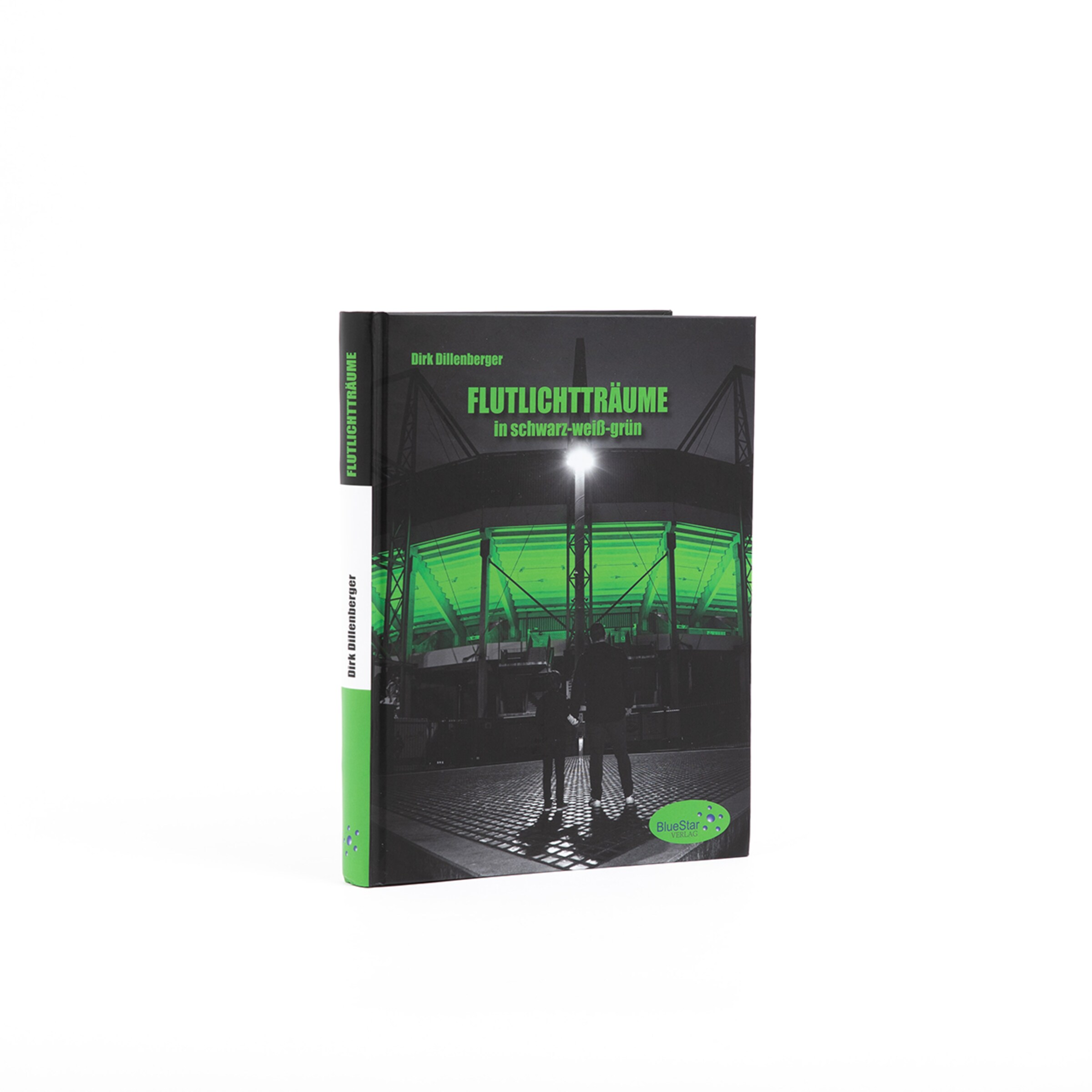 Book cover FLUTLICHTTRÄUME in schwarz-weiß-grün featuring illuminated football stadium.