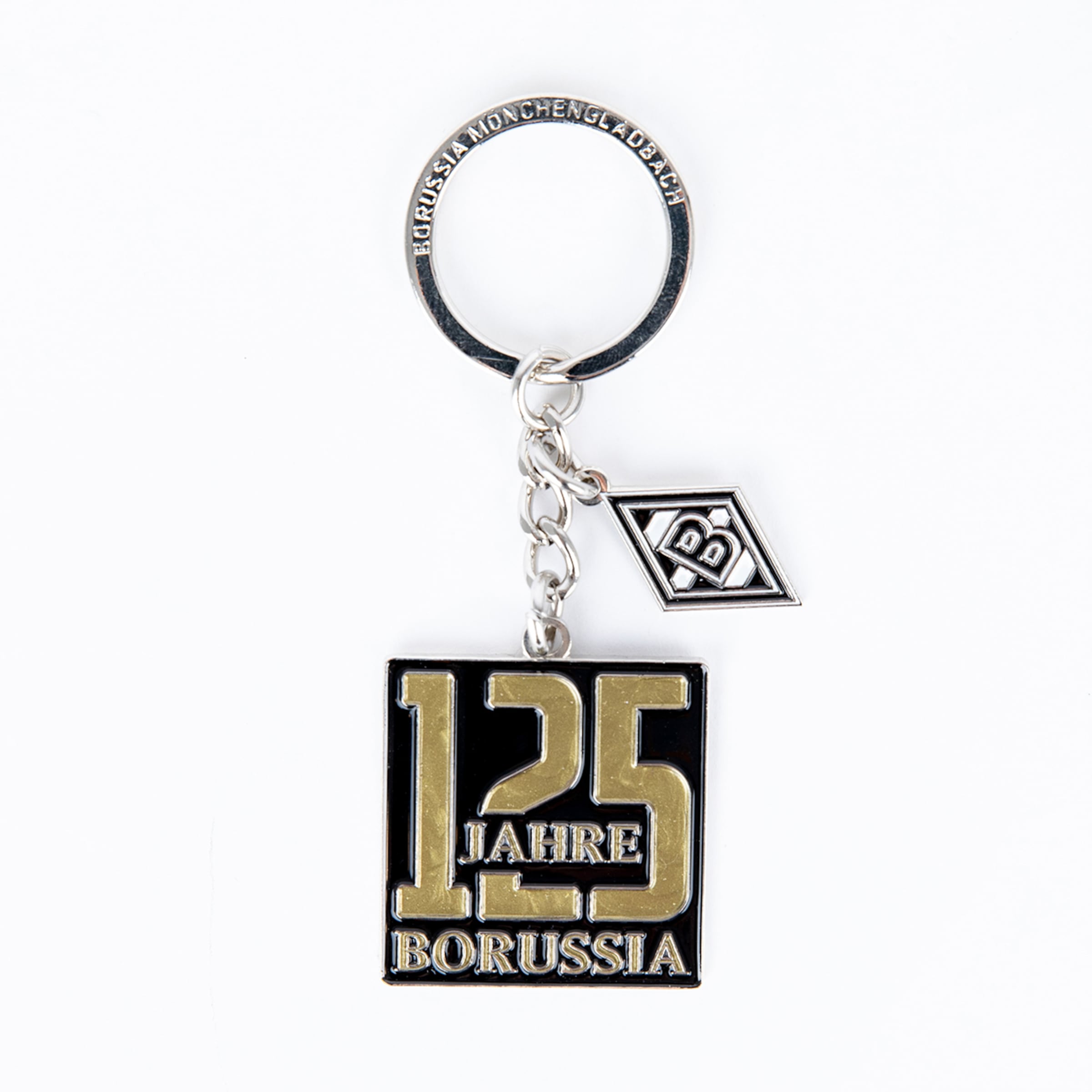 Schlüsselanhänger zum 125-jährigen Jubiläum von Borussia Mönchengladbach mit Logo-Anhänger und graviertem Schlüsselring.