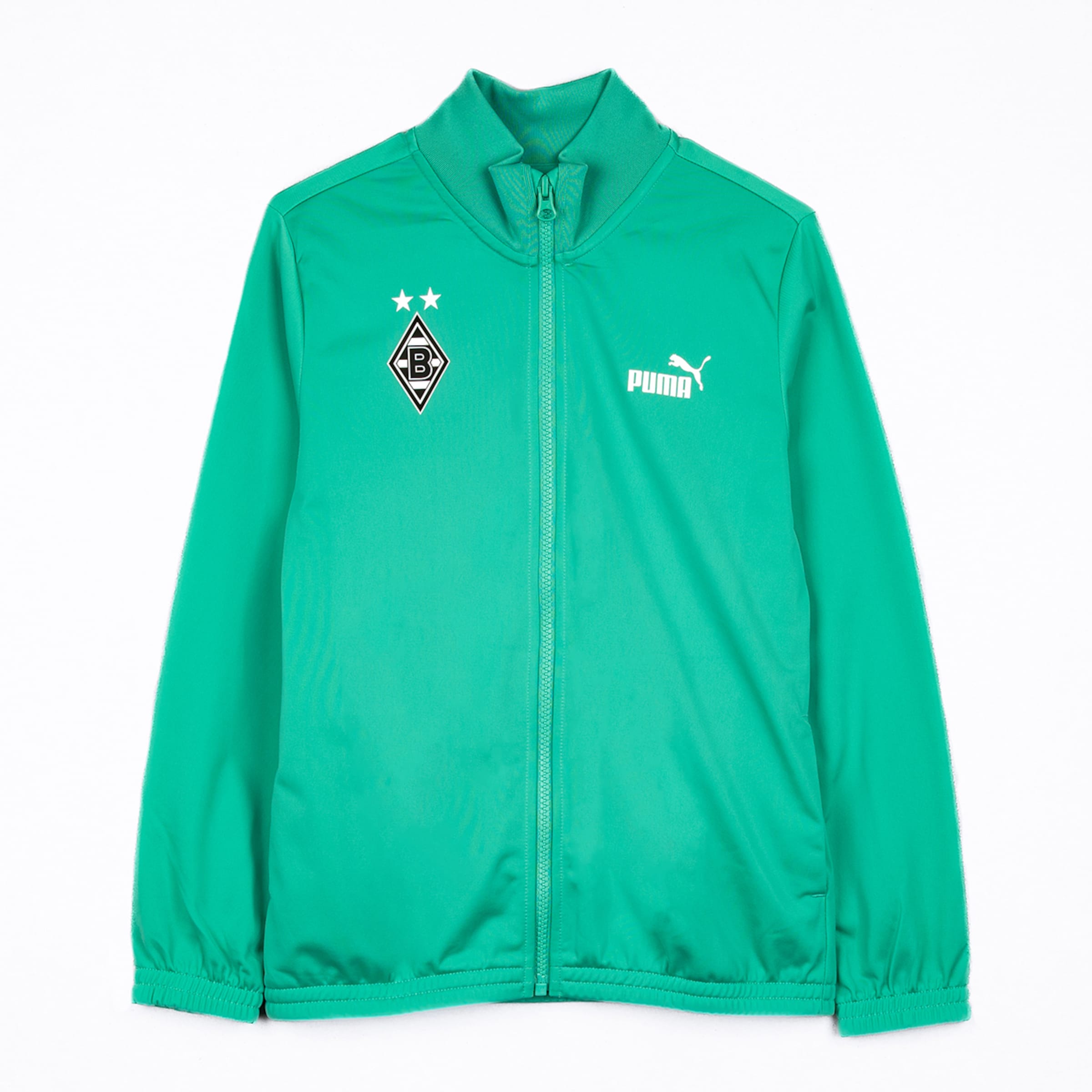 Green Puma track jacket for Borussia Mönchengladbach with club crest and logo on a white background.