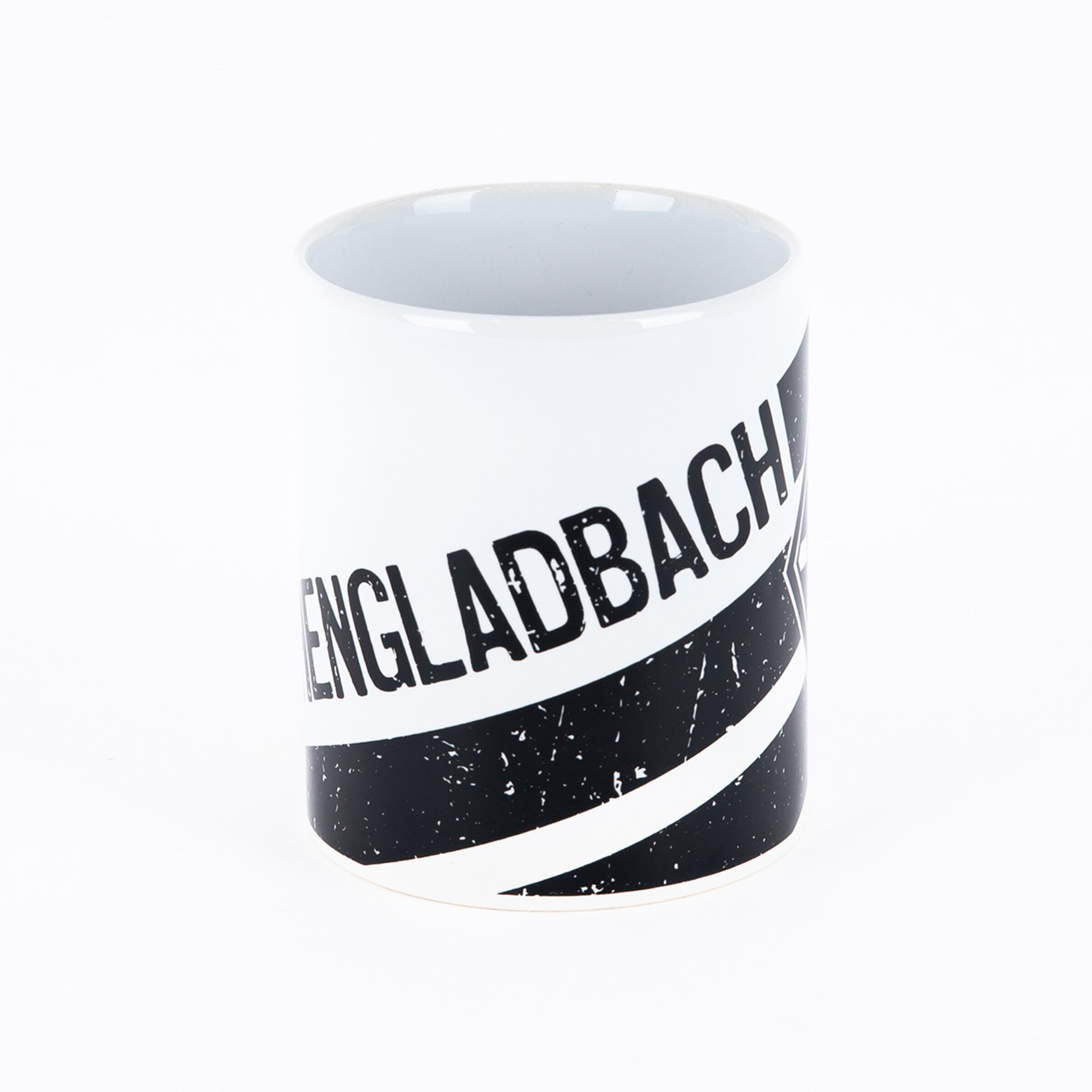 White ceramic mug featuring BORUSSIA MÖNCHENGLADBACH print with black and white design.