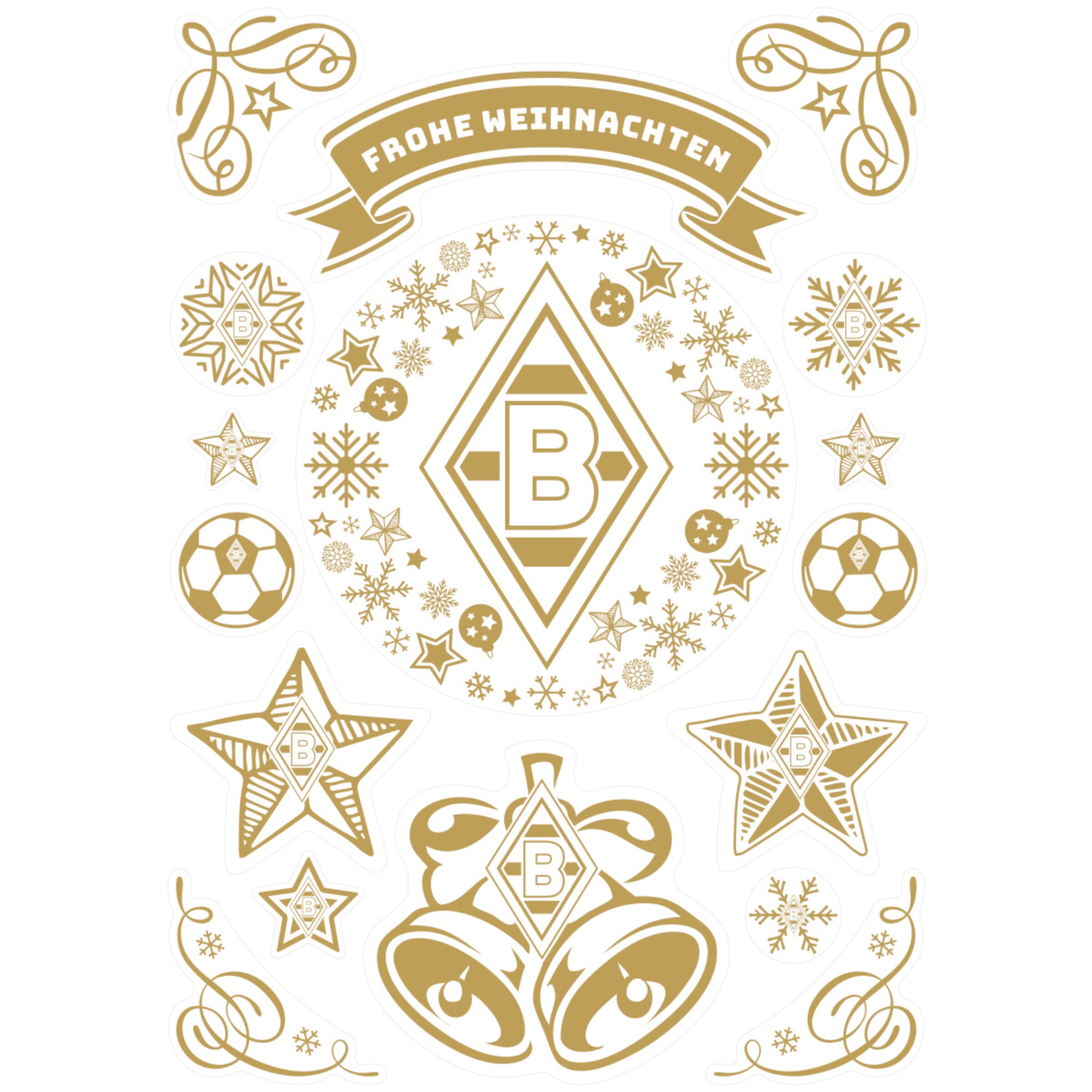 Goldene Weihnachtsaufkleber von Borussia Mönchengladbach mit Logo, Sternen, Glocken und „Frohe Weihnachten“-Banner auf weißem Hintergrund.