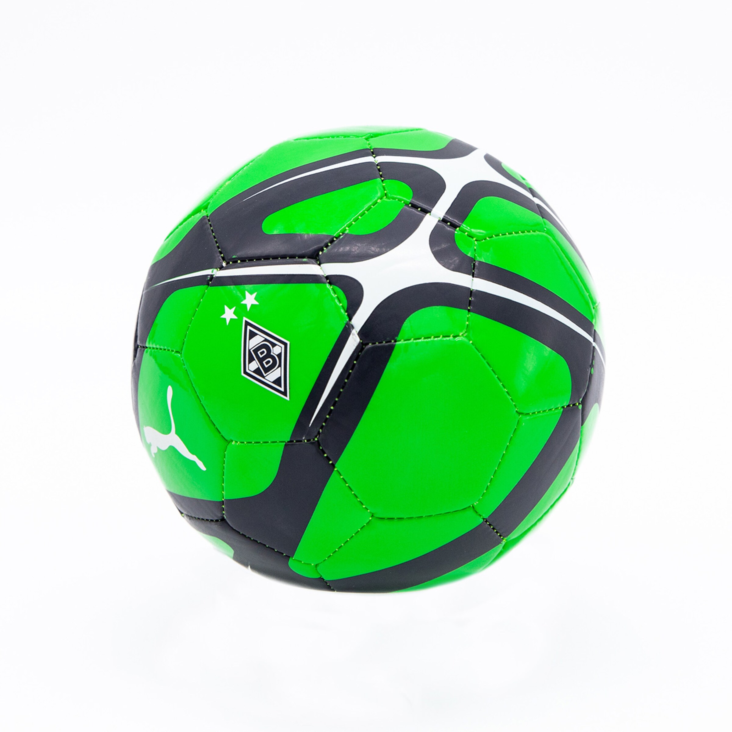 Green soccer ball with black and gray design featuring the Borussia Mönchengladbach logo.