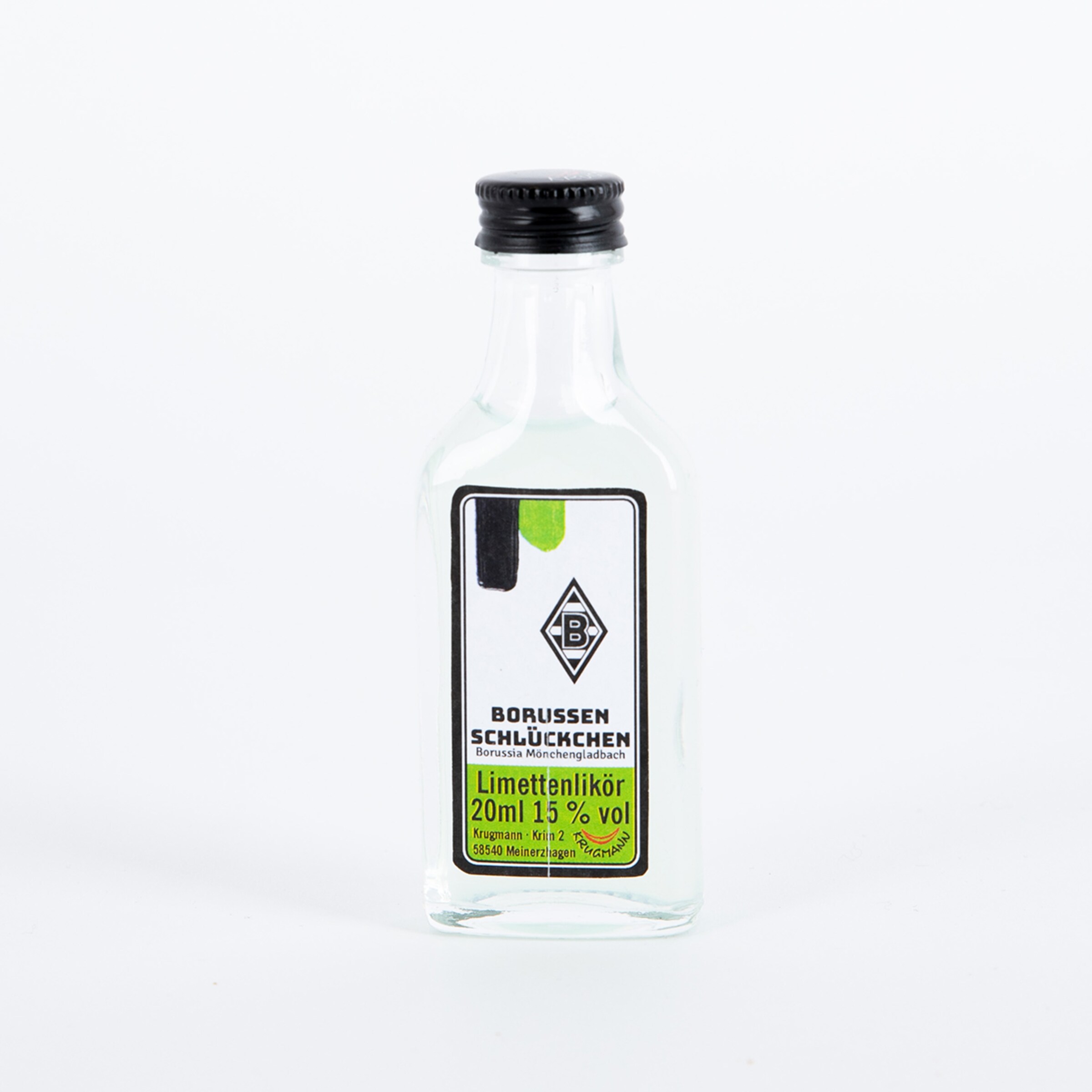 Kleine Flasche Borussen Schlückchen Limettenlikör von Borussia Mönchengladbach, 20ml, 15 % vol, vor weißem Hintergrund.