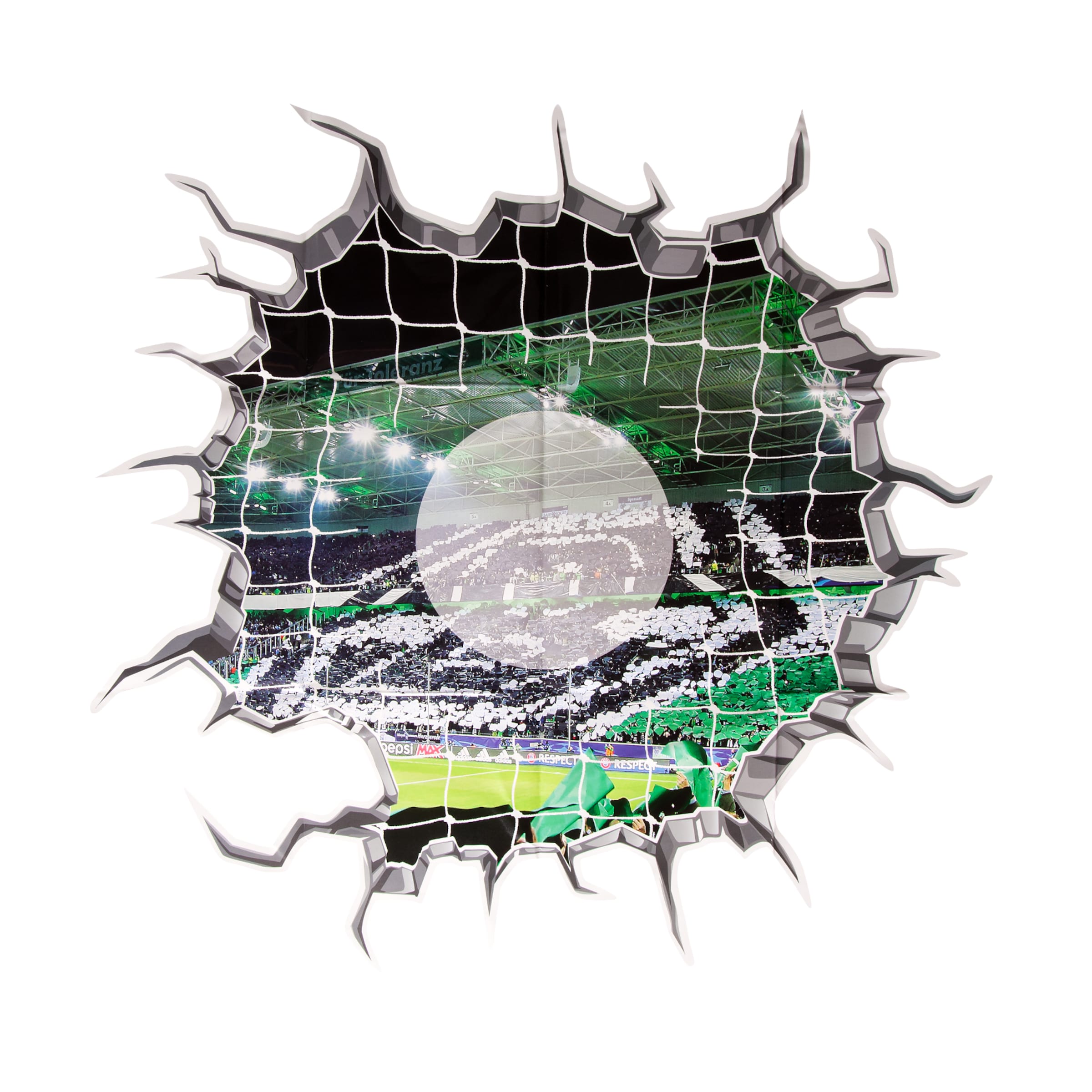 Symbol für den Stadionbesuch durch einen Riss im Netz sichtbar