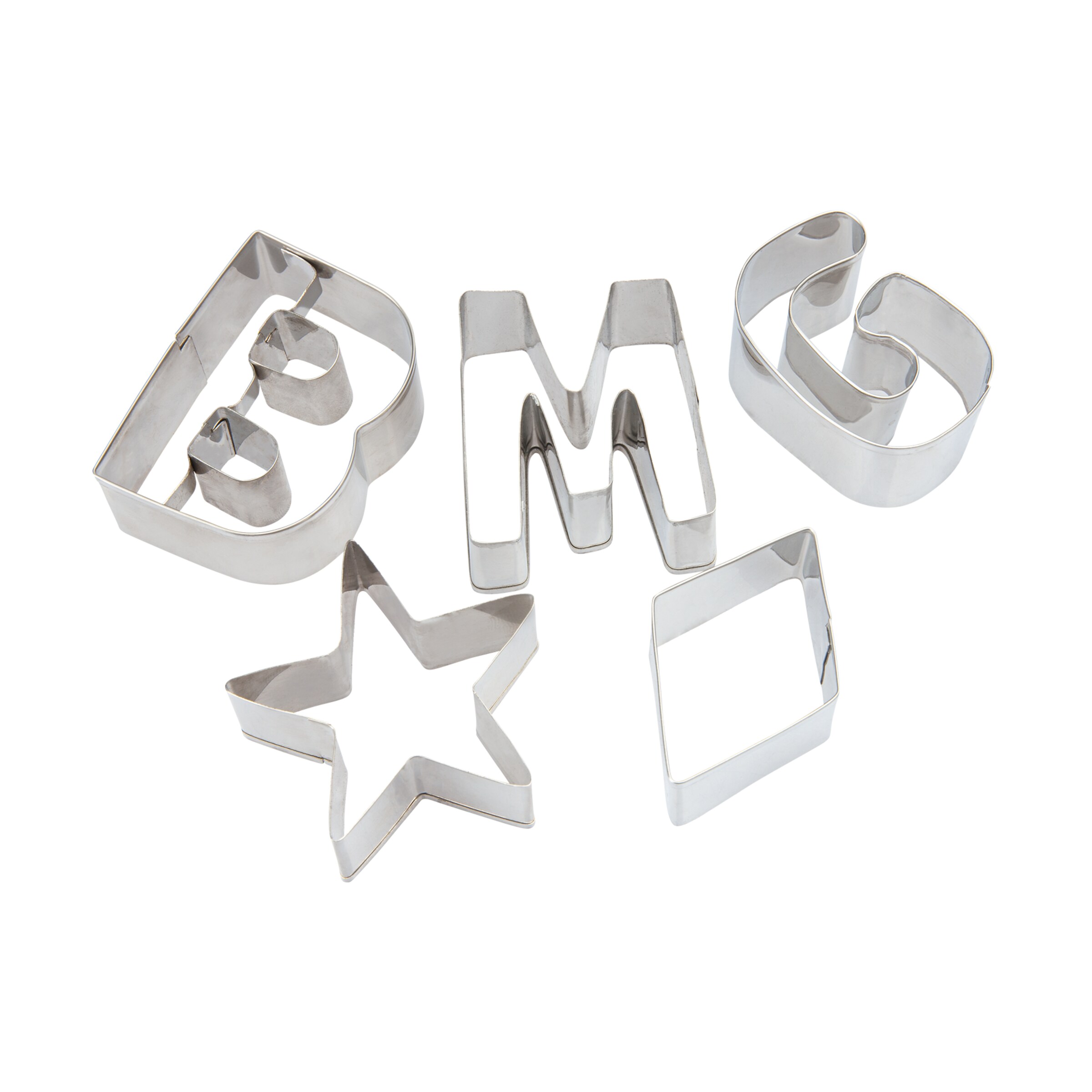 Cookie cutters in the shapes of letters and symbols: B M G star square.