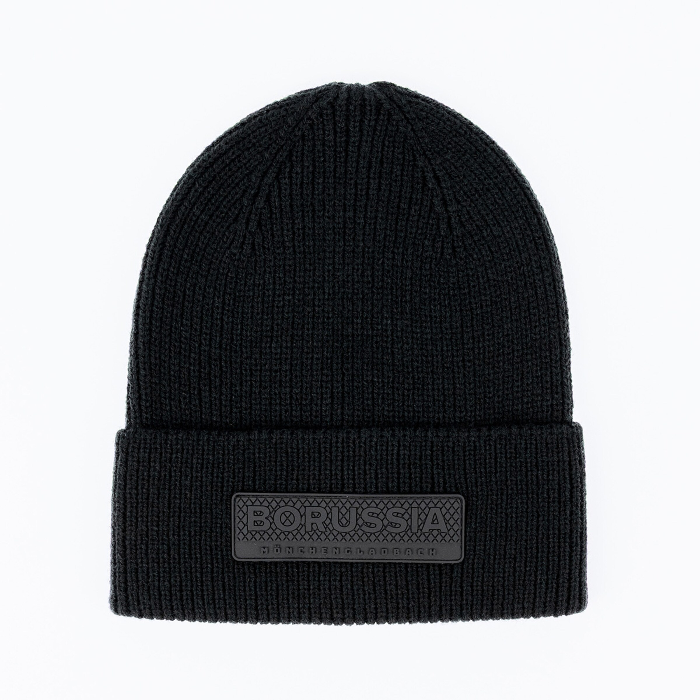 Black knitted beanie with a folded cuff and a black patch embossed with "BORUSSIA MÖNCHENGLADBACH" lettering against a white background.