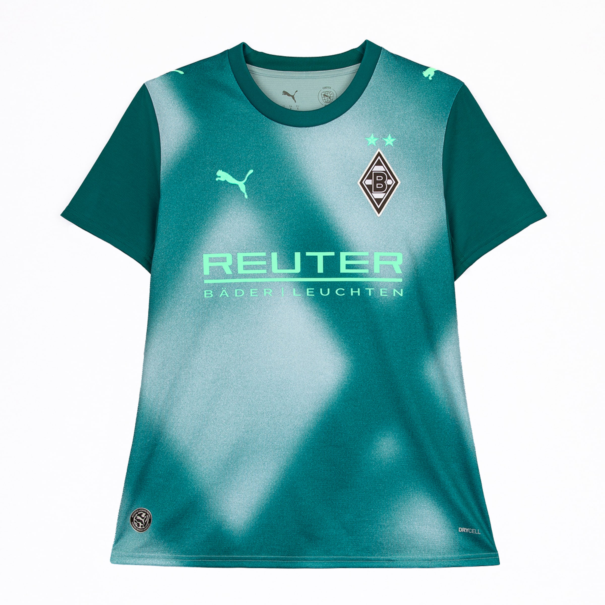 Borussia Mönchengladbach Heimtrikot von Puma in Petrolgrün mit hellgrünen Verlaufswürfeln. Zeigt das Vereinswappen, zwei Sterne, den REUTER Sponsor und DRYCELL Technologie.