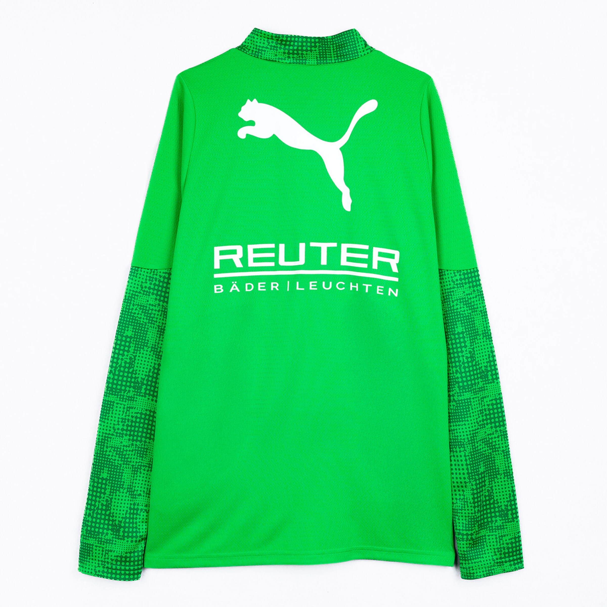 Grüner Torwarttrikot mit Puma-Logo und Sponsorenaufschrift