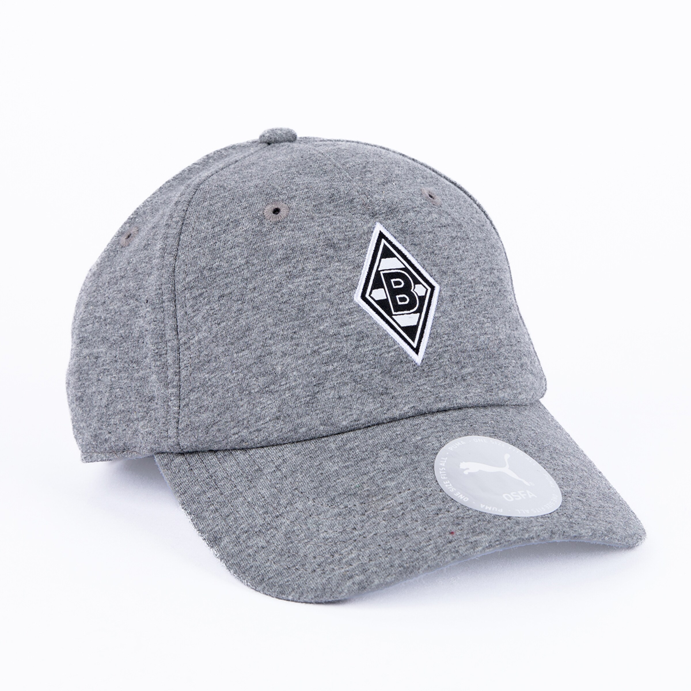 Eine graue Melange-Baseballkappe mit einem schwarz-weißen rautenförmigen Borussia Mönchengladbach Logo auf der Vorderseite. Ein weißes, rundes Puma OSFA Etikett hängt am Schirm.