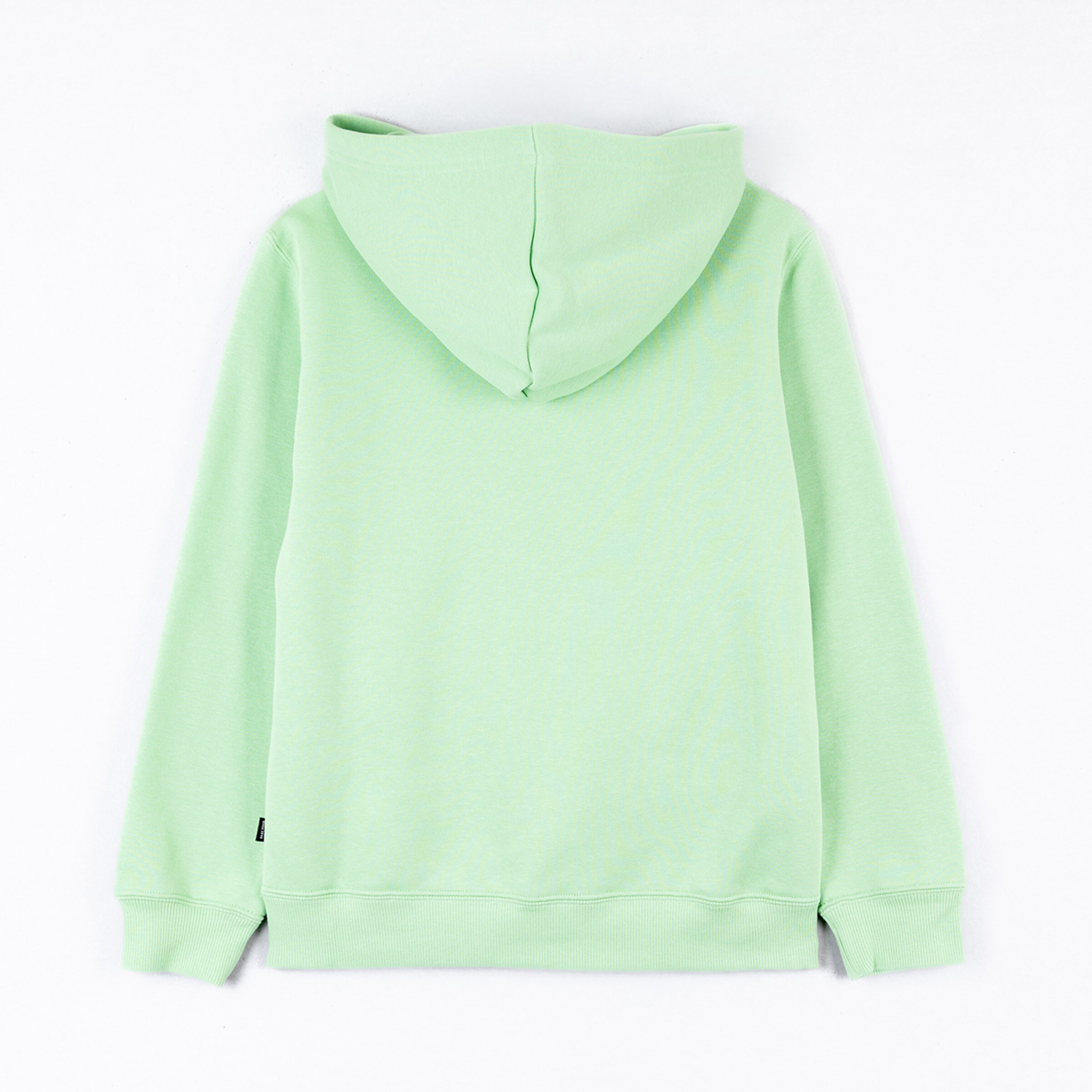 Hoodie in mintgrün Rückansicht mit Kapuze und Rippbündchen.