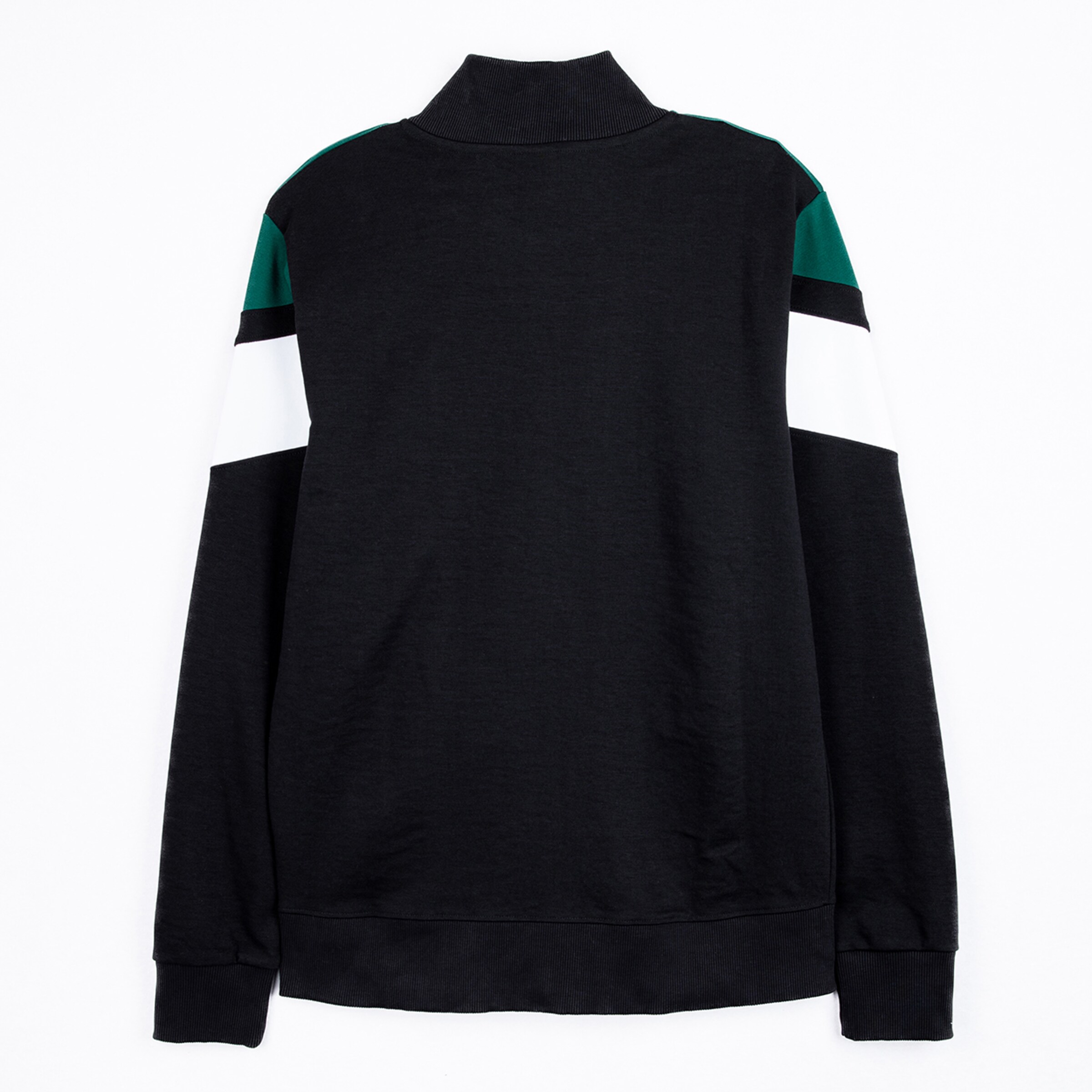 Schwarzer Trainingspullover mit grünem und weißem Streifen an den Ärmeln.