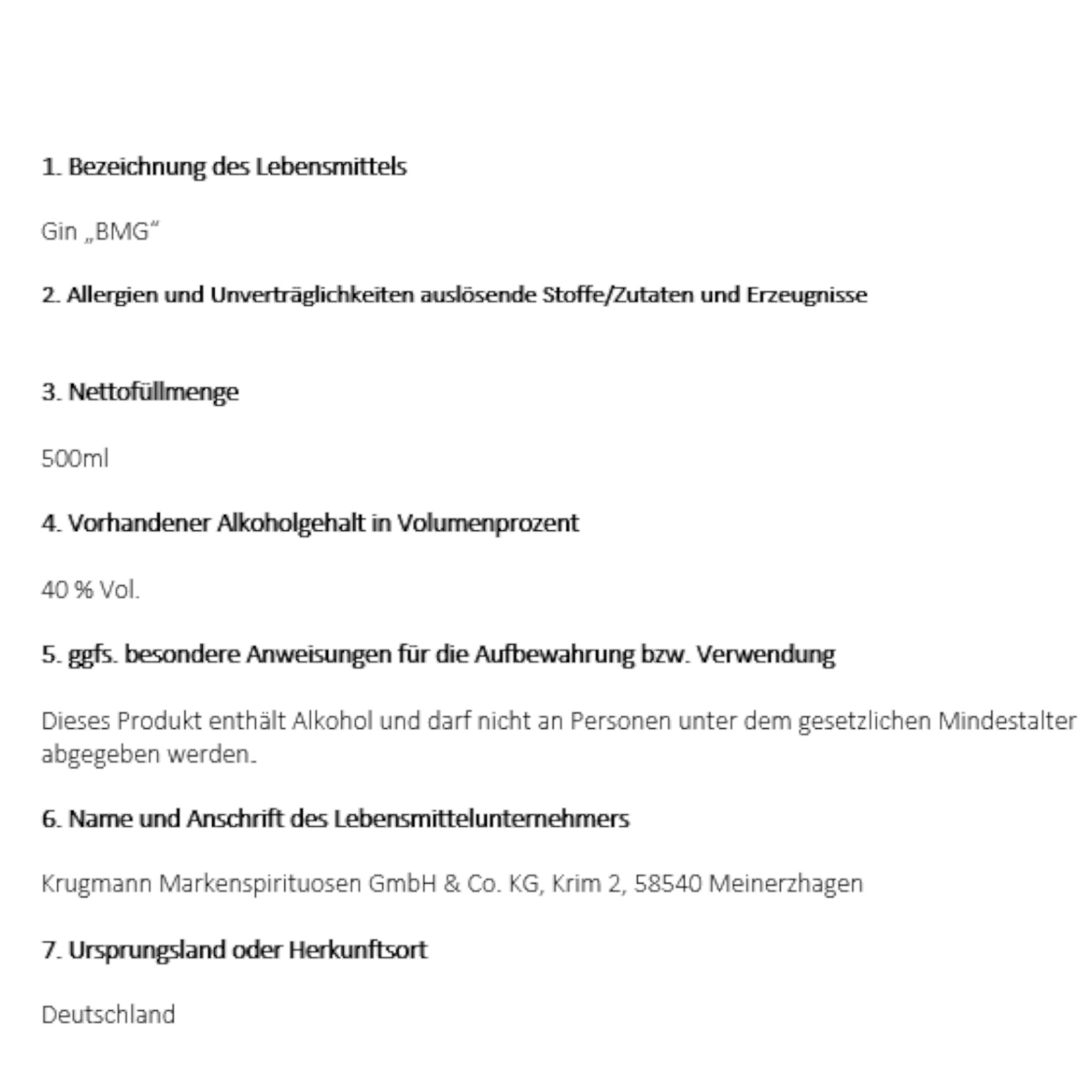 Informationen über das Lebensmittel Gin BMG einschließlich Alkoholgehalt und Verwendungsanweisungen.