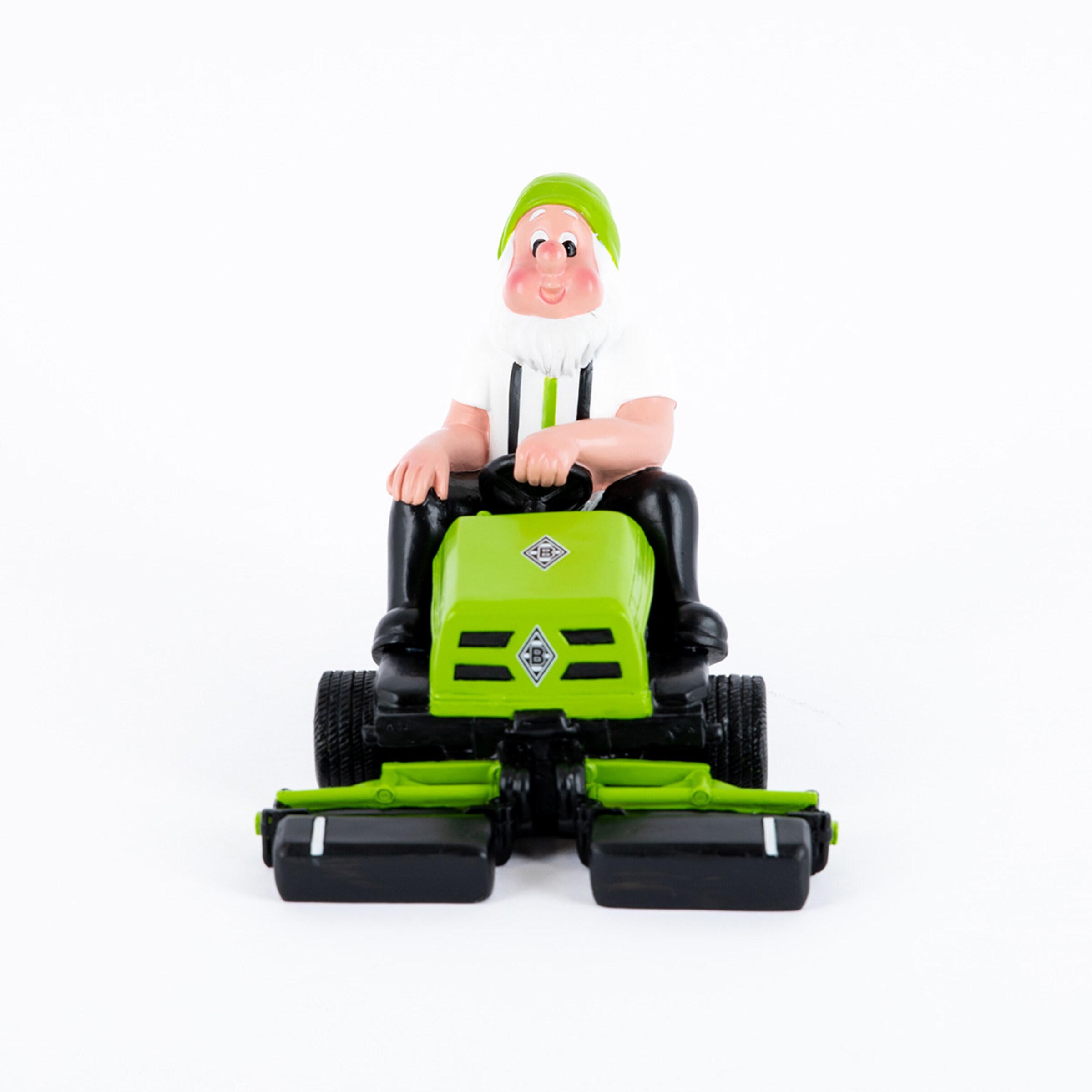 Grüner Rasenmäher mit einer Figur darauf die einen Gärtner darstellt.