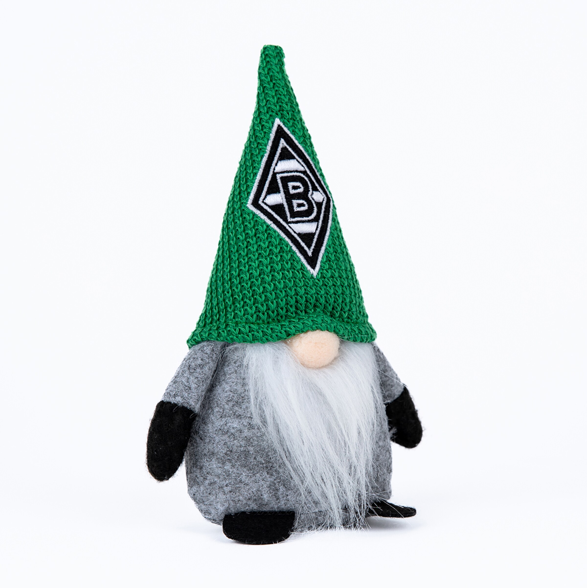 Grauer Stoffwichtel mit weißem Bart und grüner Strickmütze mit Borussia Mönchengladbach Raute vor weißem Hintergrund.