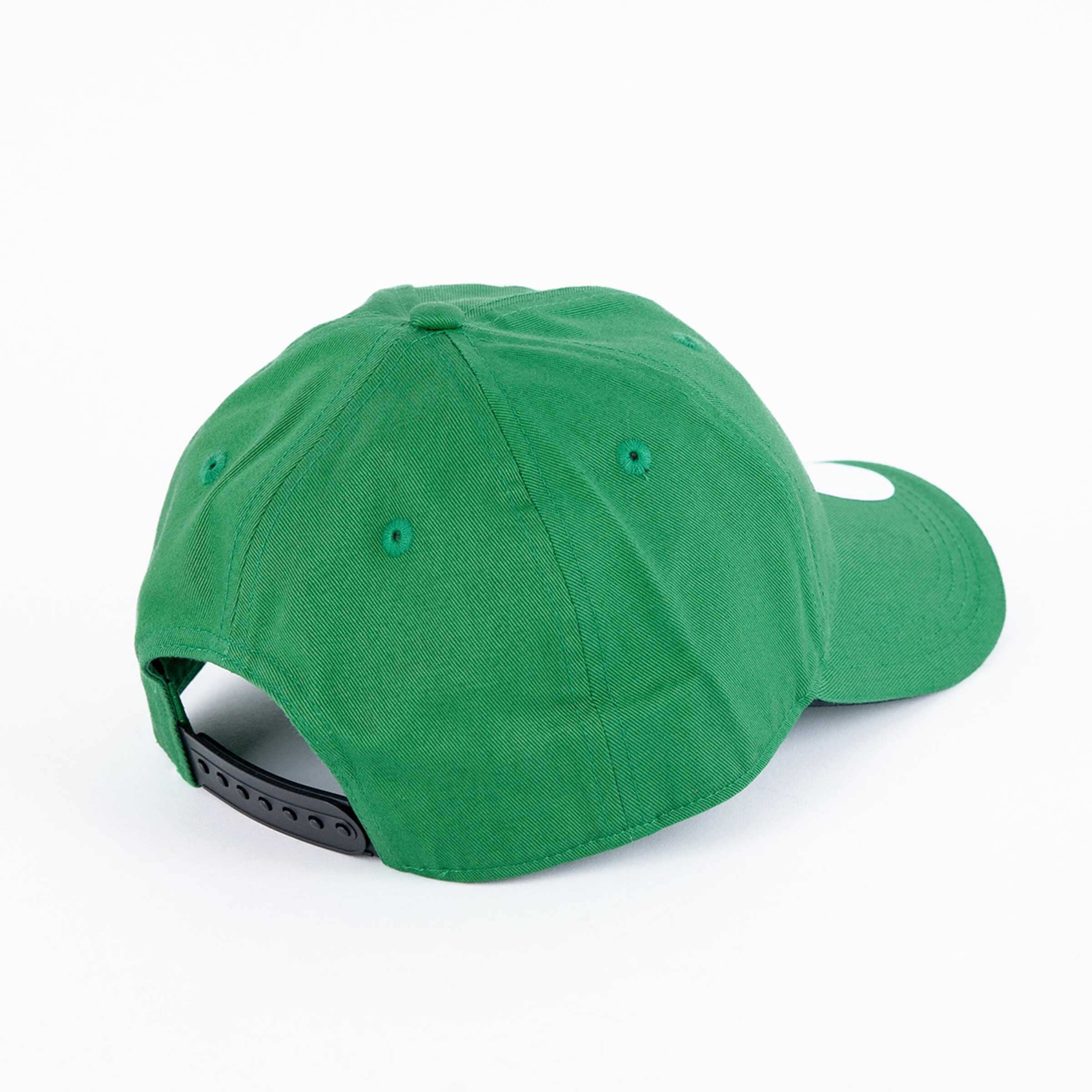 Back view of a green baseball cap with an adjustable black snapback closure on a white background.
