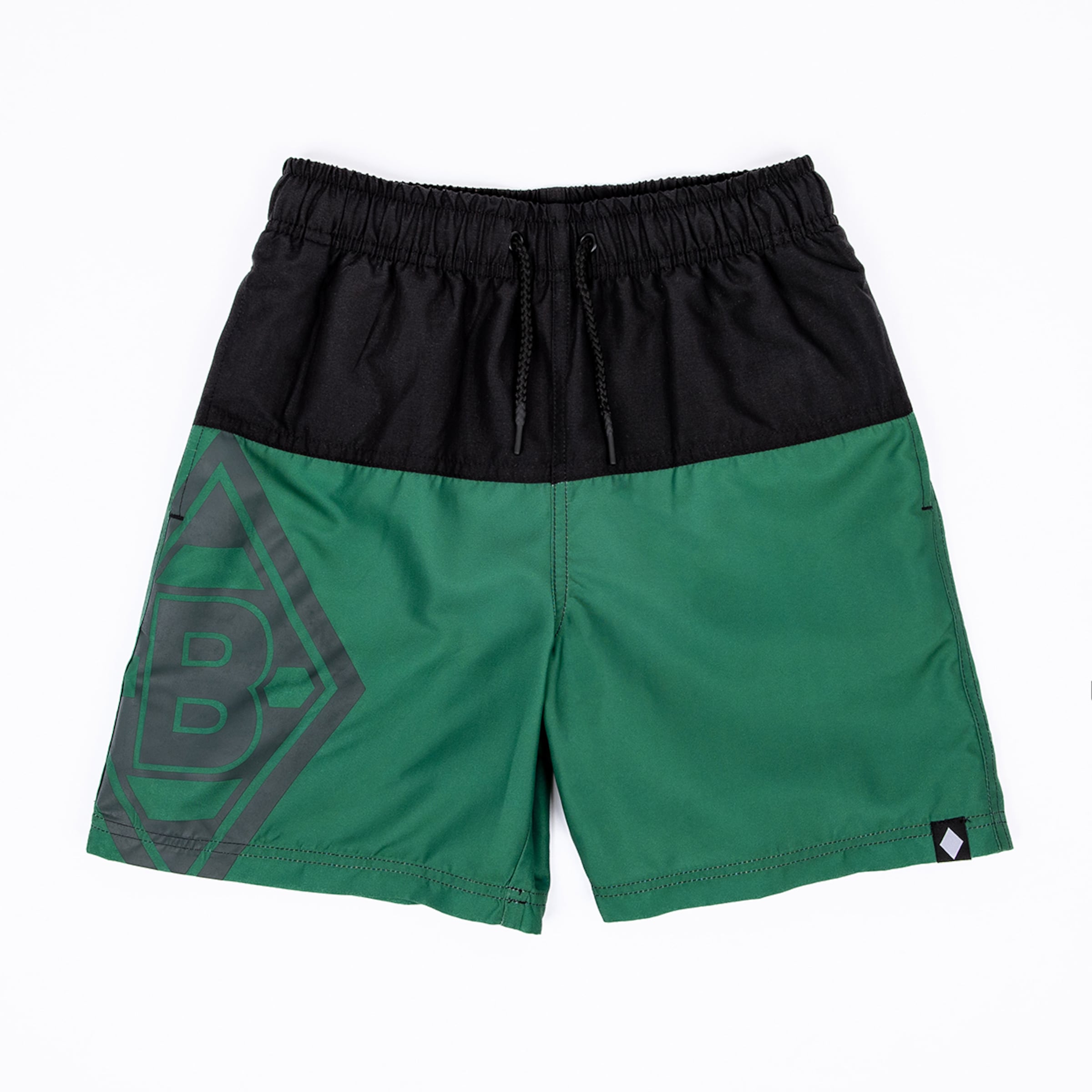 Black and green swim shorts with an elastic drawstring waist. The bottom green section features a large, dark grey 'B' logo on the left leg and a small white diamond tag on the right hem.
