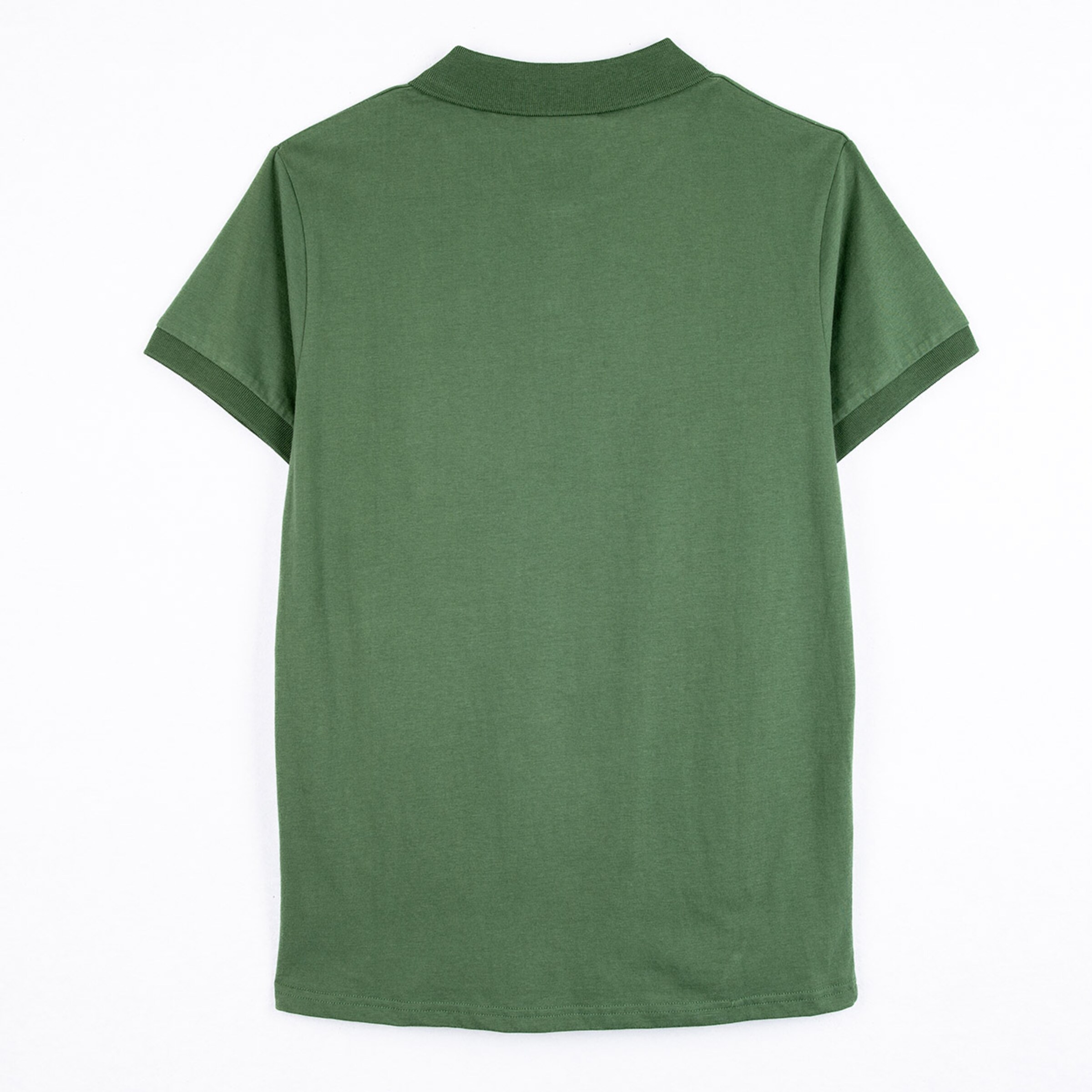 Green polo shirt viewed from the back short-sleeved with collar.