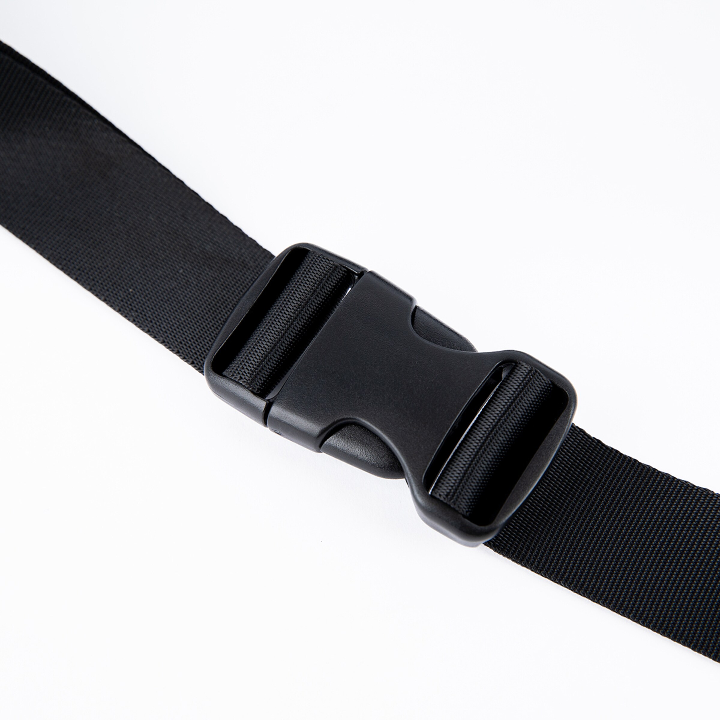 Black strap with a black plastic buckle.