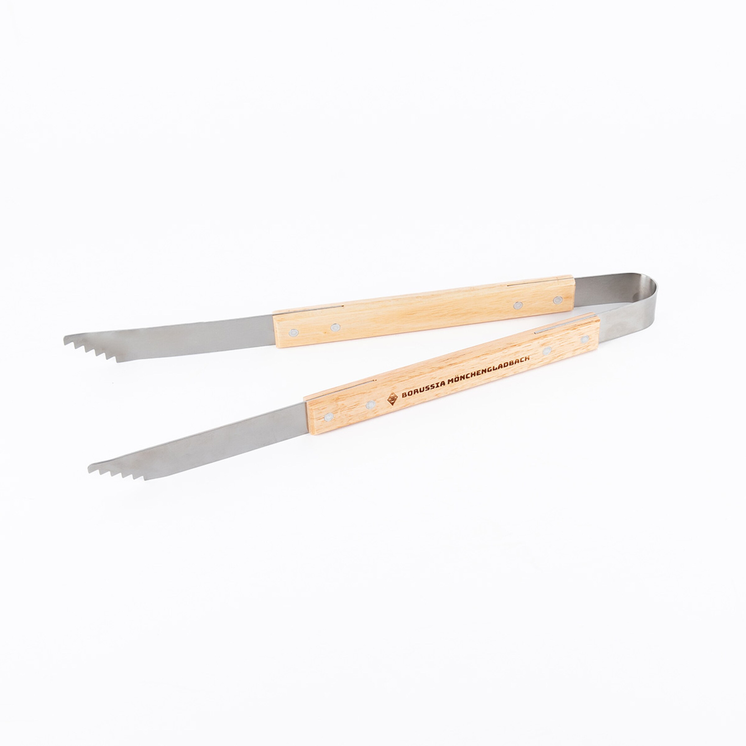 Grill tongs with wooden handles and stainless steel tips marked with BORUSSIA MONCHENGLADBACH