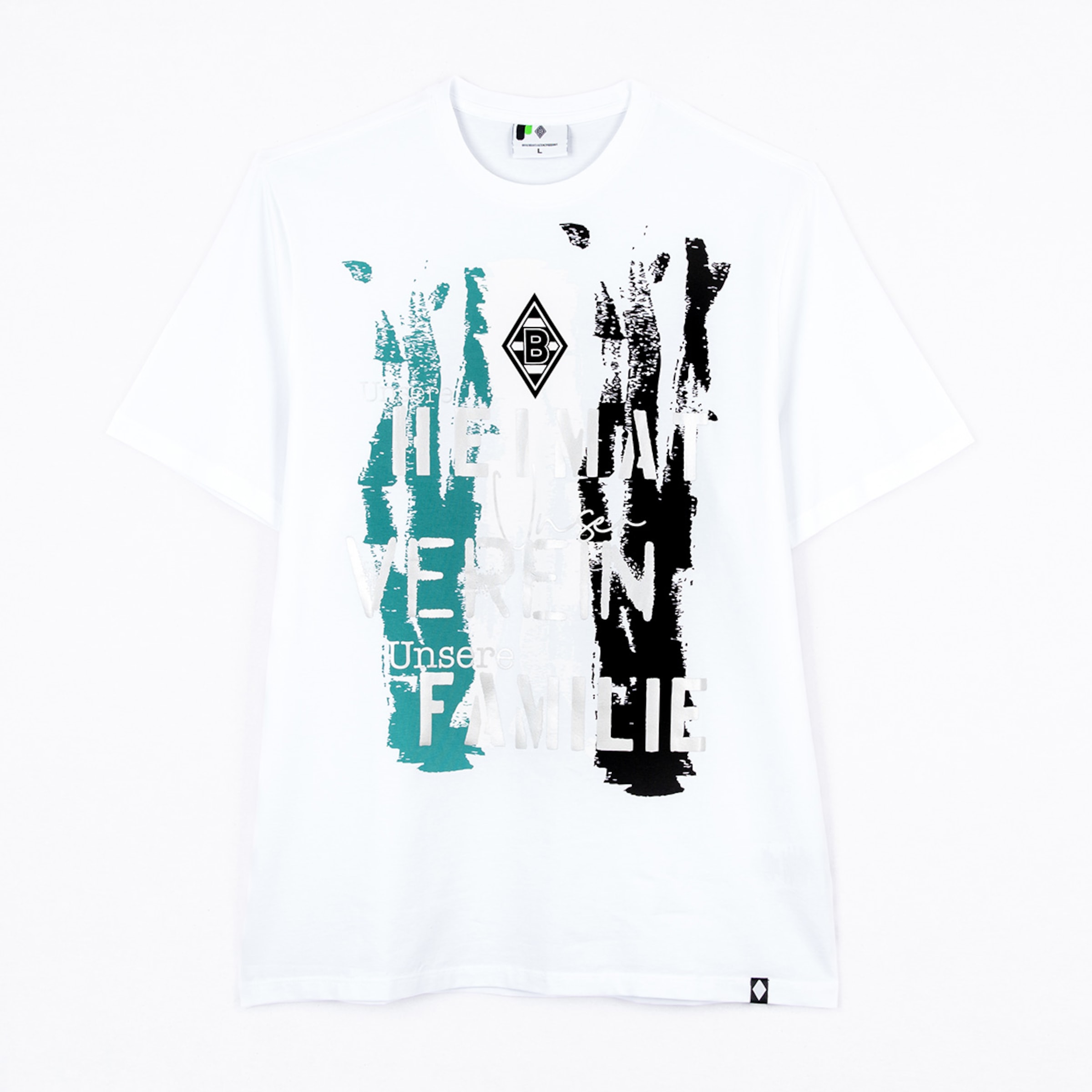 Weißes T-Shirt mit grafischem Design und Text THE MOMENT und VERBINDET UNSEREN FAMILIE.