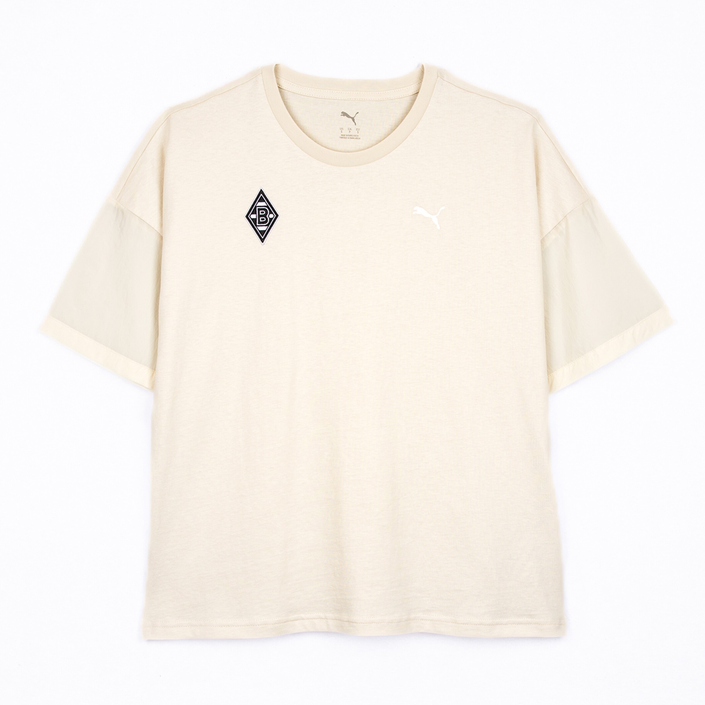 Beigefarbenes Puma T-Shirt von Borussia Mönchengladbach mit der schwarzen Raute und weißem Puma-Logo auf der Brust.