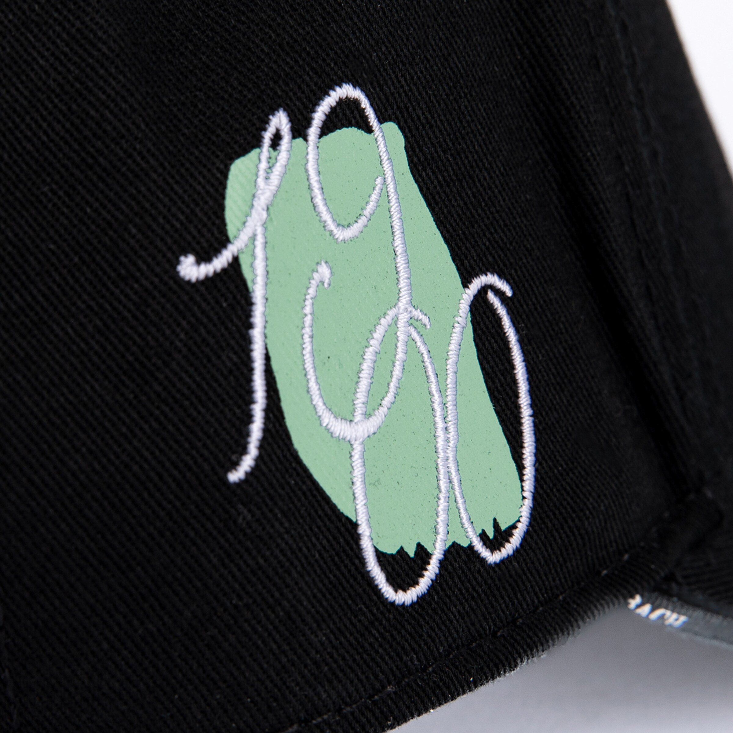 Nahaufnahme einer schwarzen Kappe mit hellgrünem Patch und weißem, gesticktem Schreibschrift-Logo.