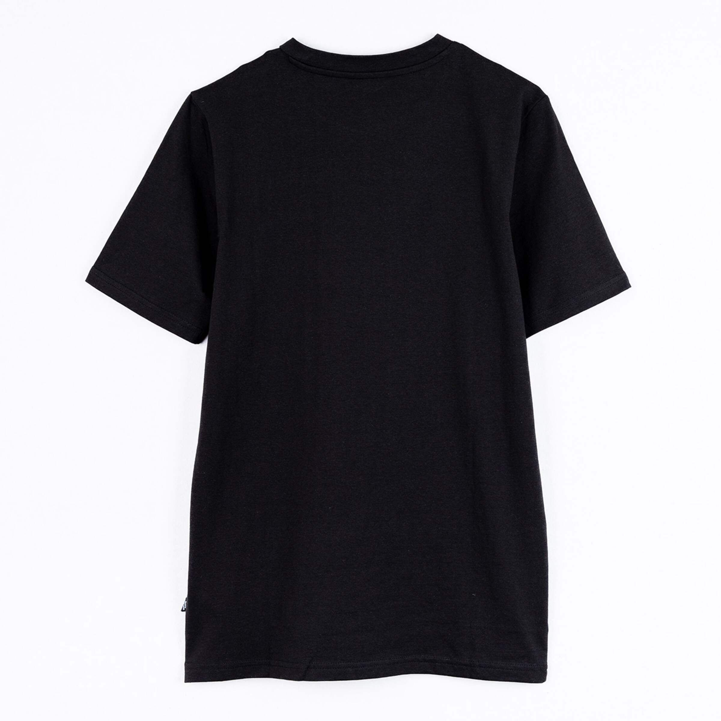 Black short-sleeved t-shirt viewed from the back plain without any prints.