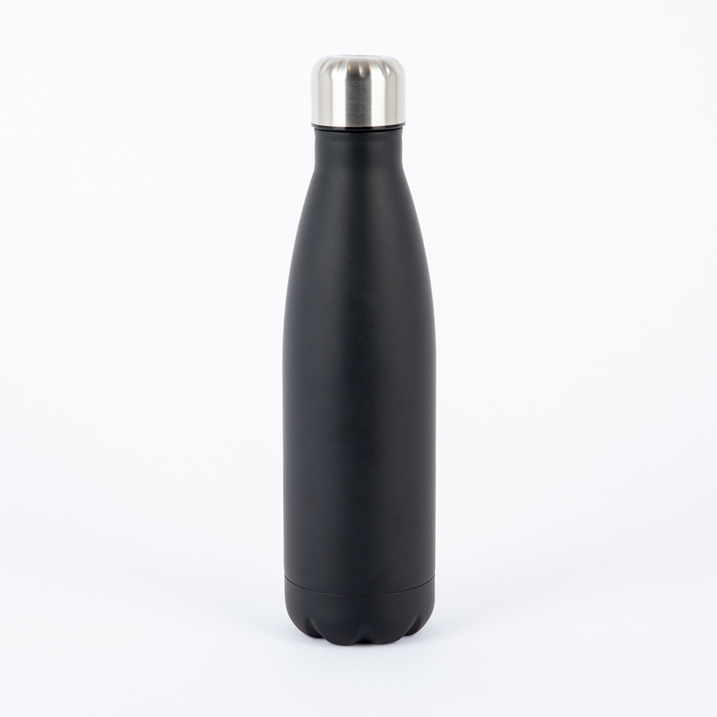 Black stainless steel water bottle with a metallic cap.