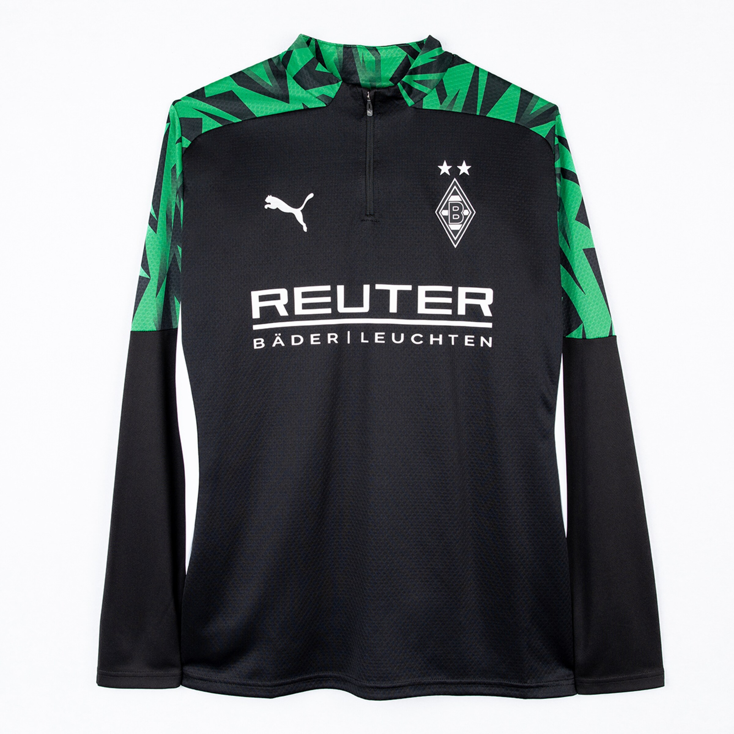 Black Puma Borussia Mönchengladbach training top with green patterns on shoulders and Reuter sponsor logo.