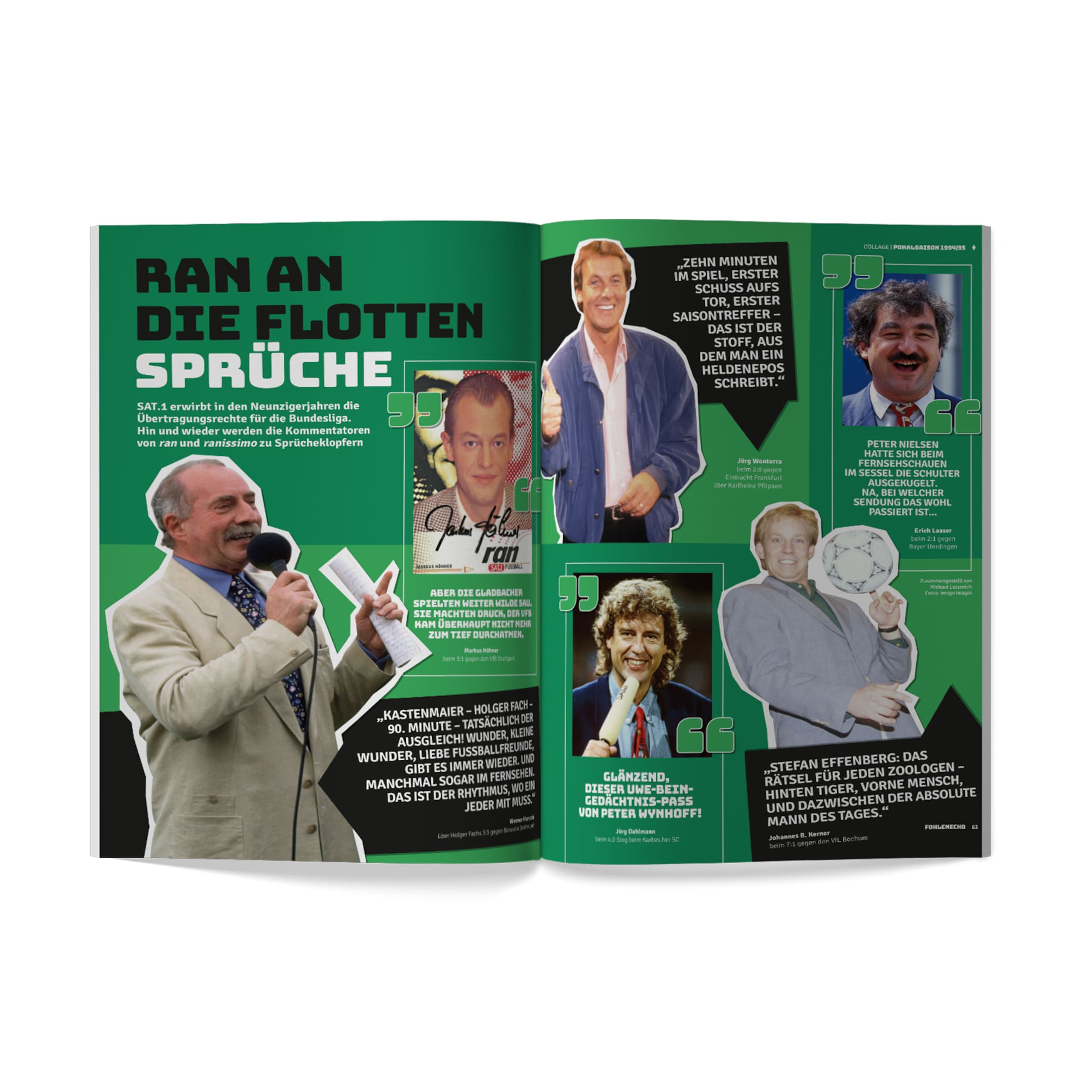 Magazine double-page spread titled "Ran an die flotten Sprüche" with portraits and quotes of 1990s German football commentators.