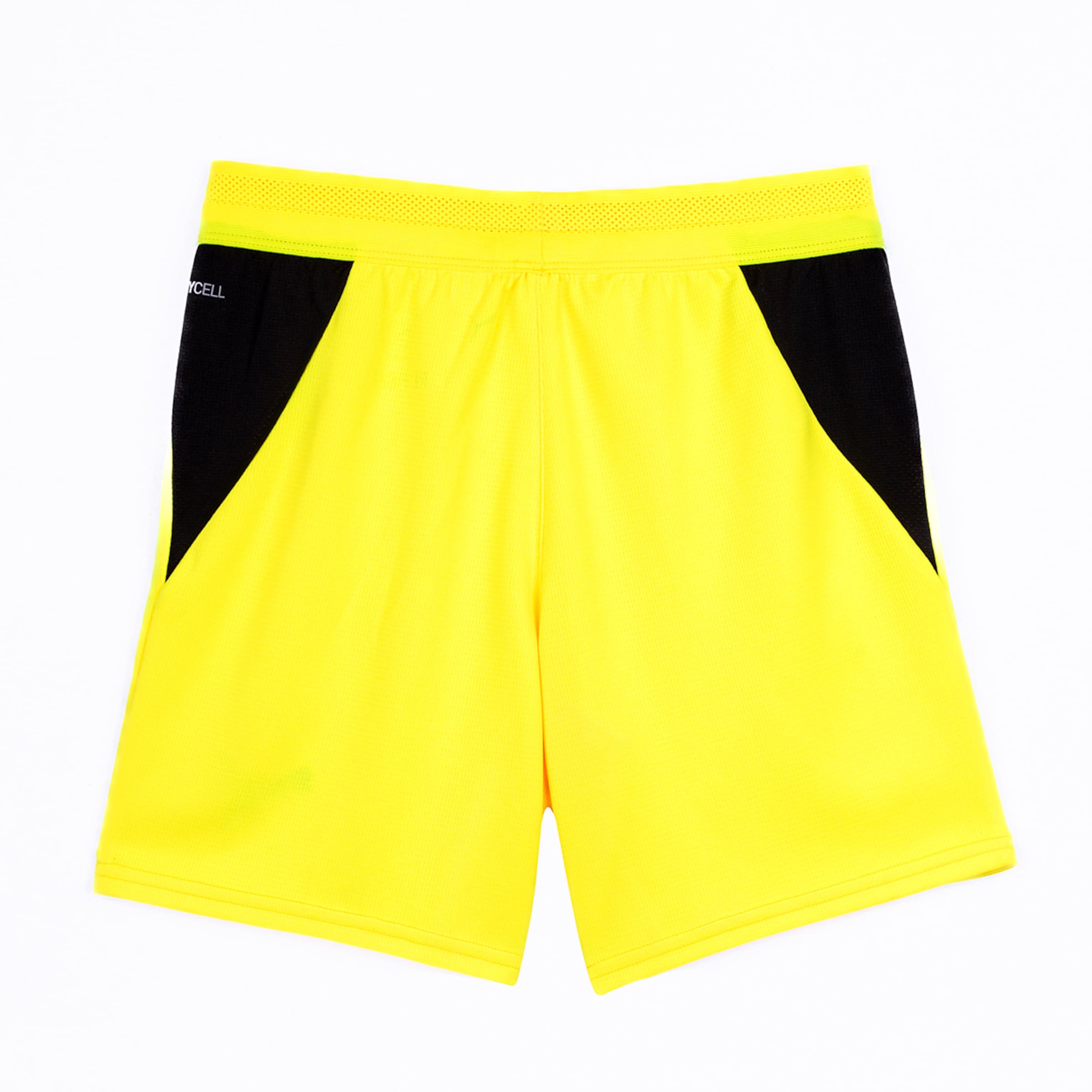Yellow sports shorts with black side panels and dryCELL logo on a white background.