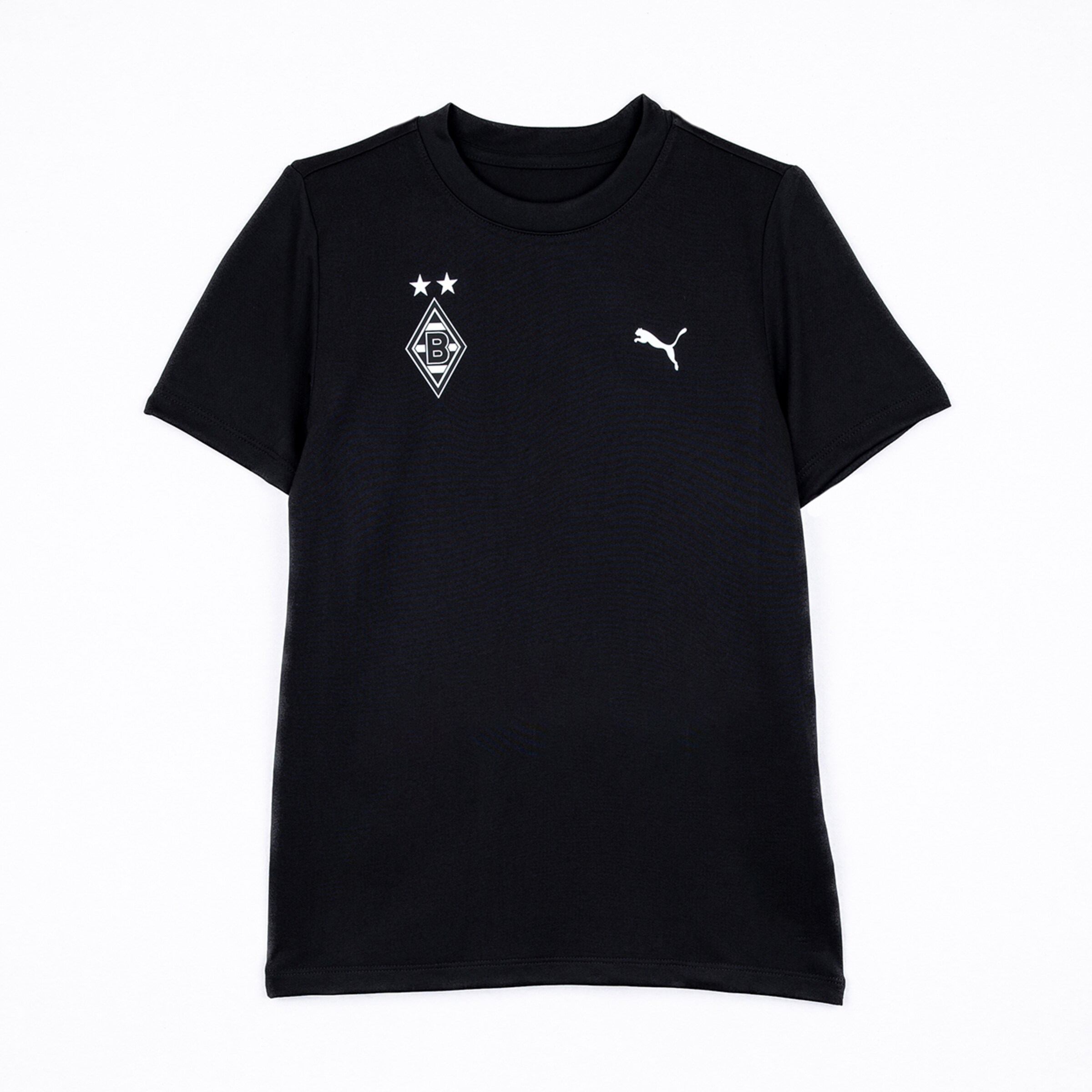Black t-shirt with a white Borussia Mönchengladbach crest and a white Puma logo on the chest.