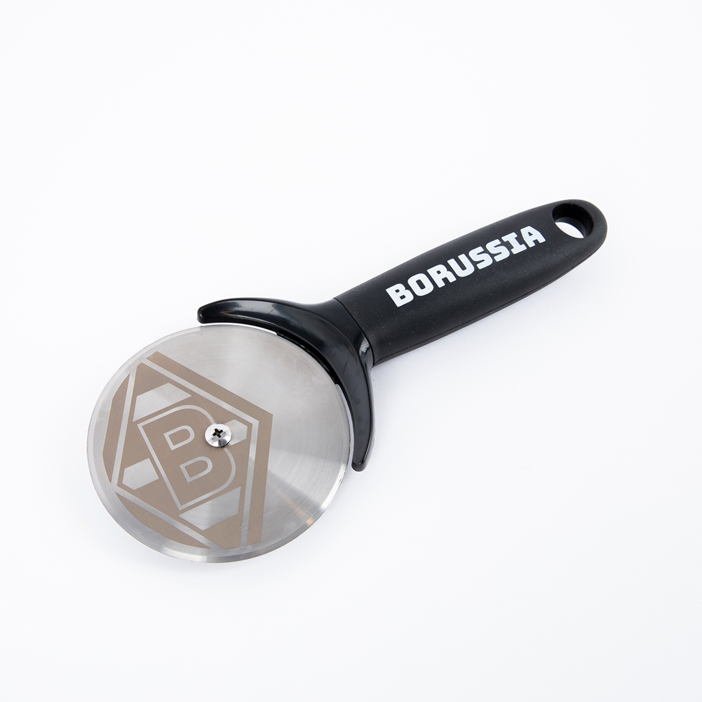 Pizzaschneider mit schwarzem Griff und Borussia Mönchengladbach Logo.