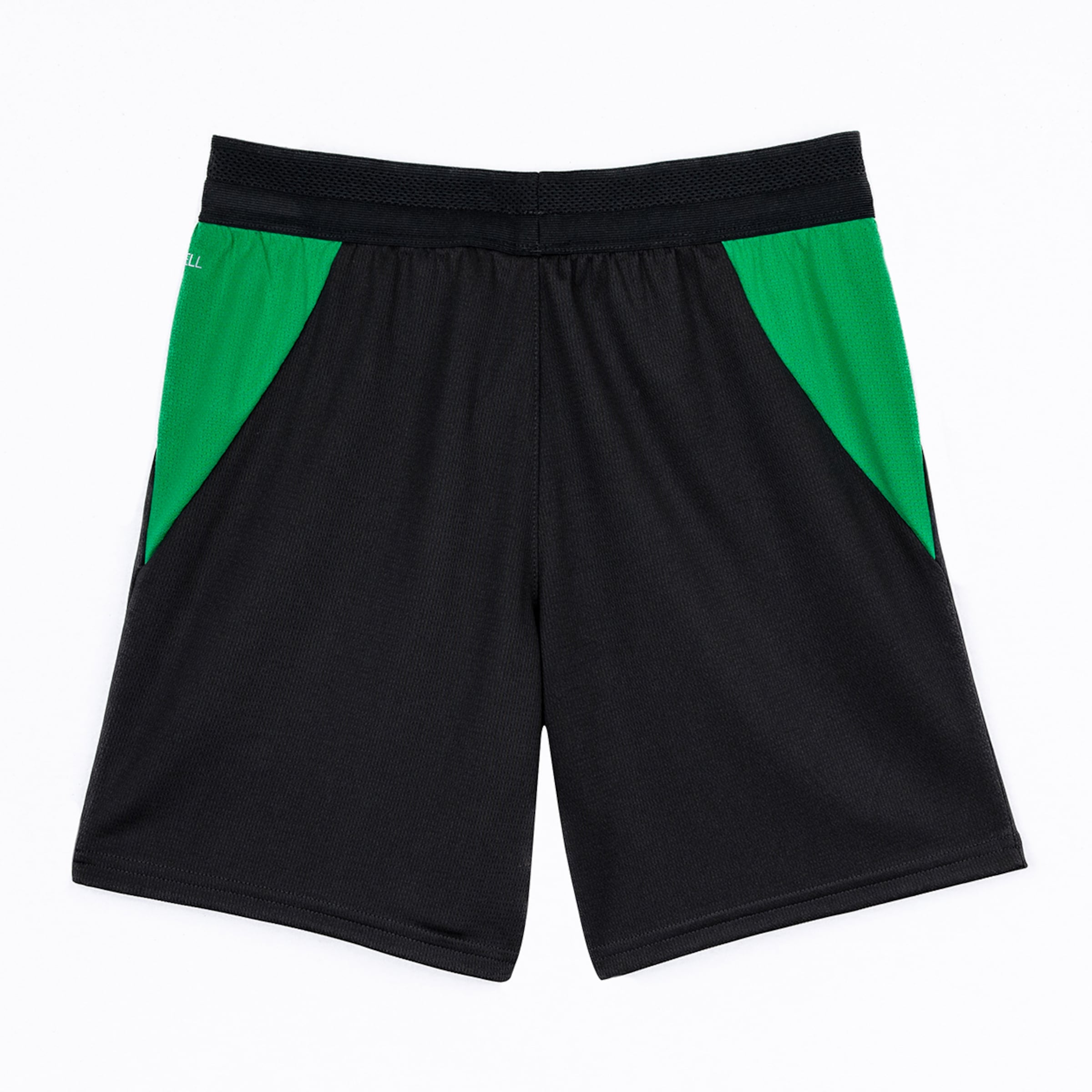 Schwarze Sport-Shorts mit grünen Seiteneinsätzen und elastischem Bund, Vorderansicht auf weißem Hintergrund.