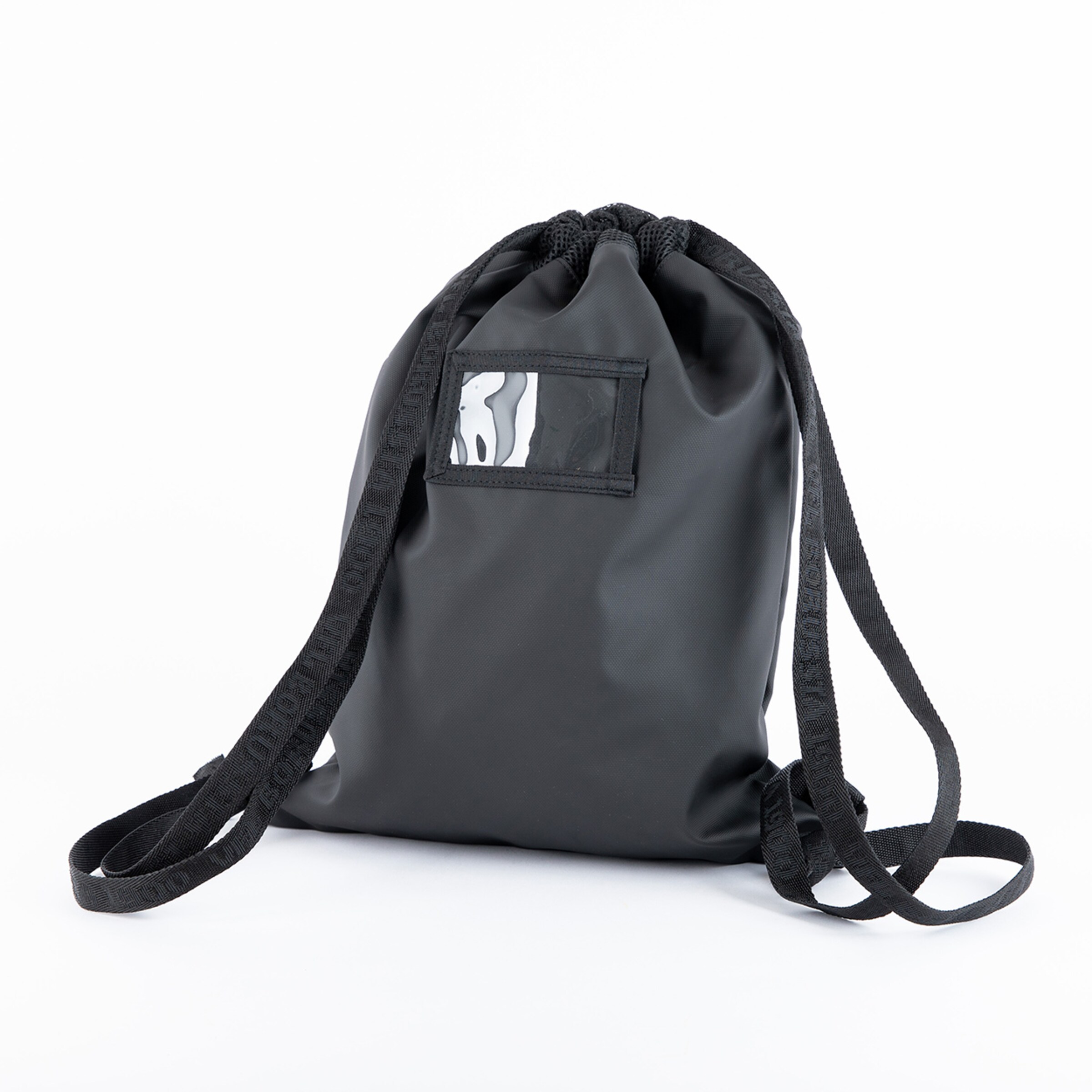 Black drawstring sports bag with a transparent pocket in the front.