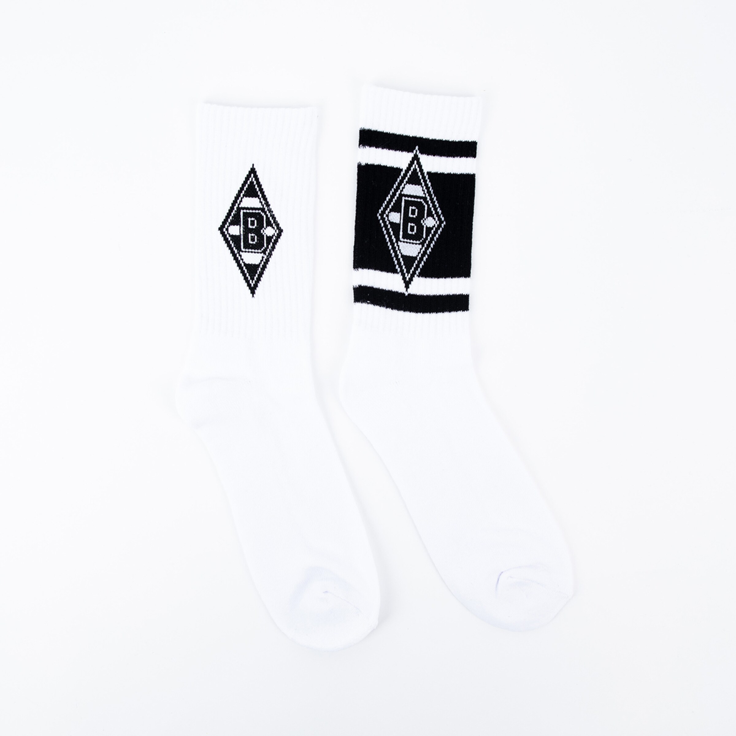 Socks featuring the Borussia Mönchengladbach logo in black and white.