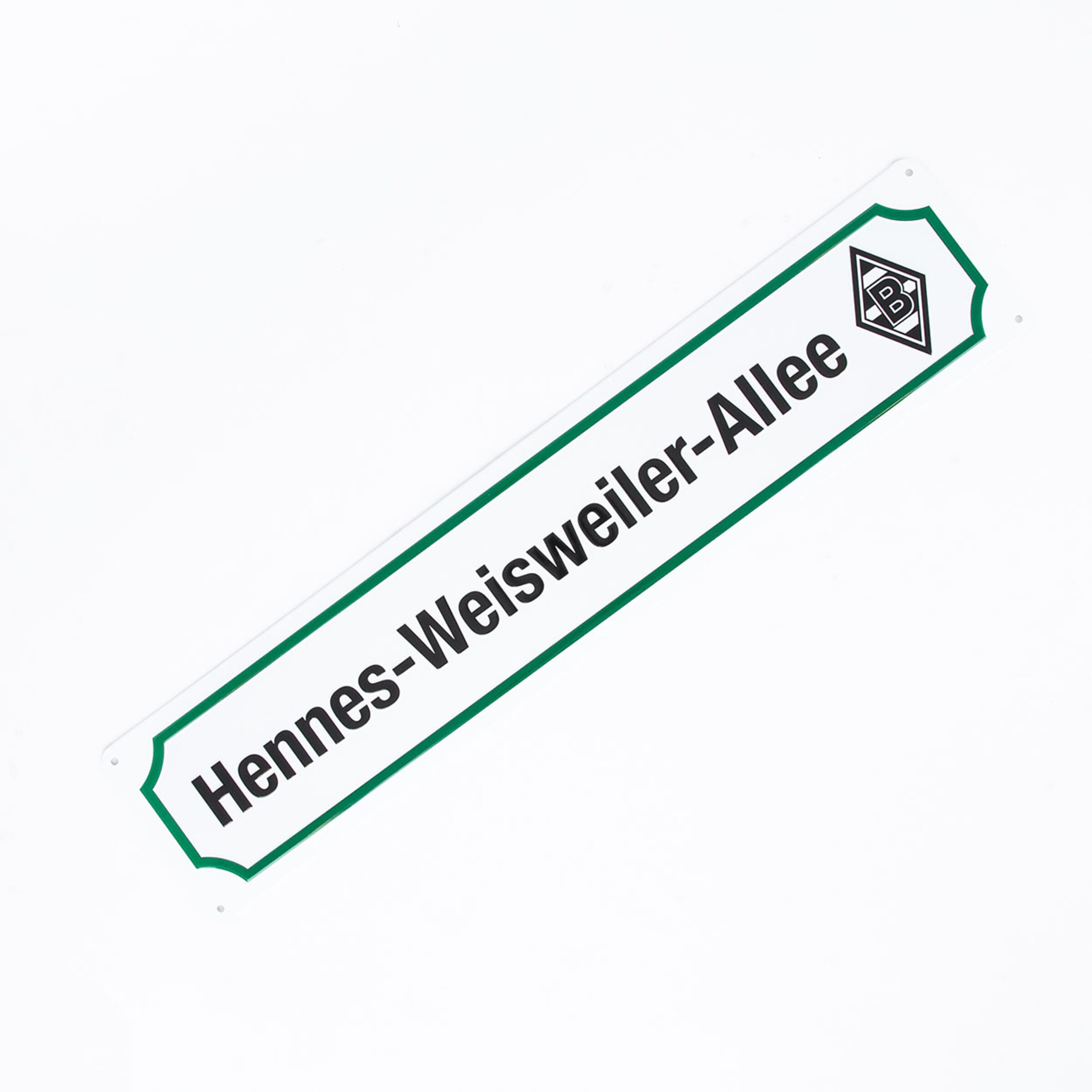 Straßenschild Hennes-Weisweiler-Allee mit Borussia Mönchengladbach-Logo.