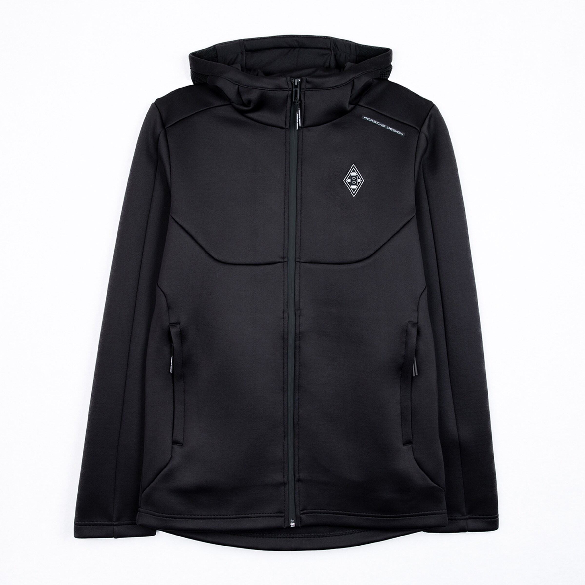 Schwarze Kapuzenjacke mit Borussia Mönchengladbach-Logo auf der Brust.