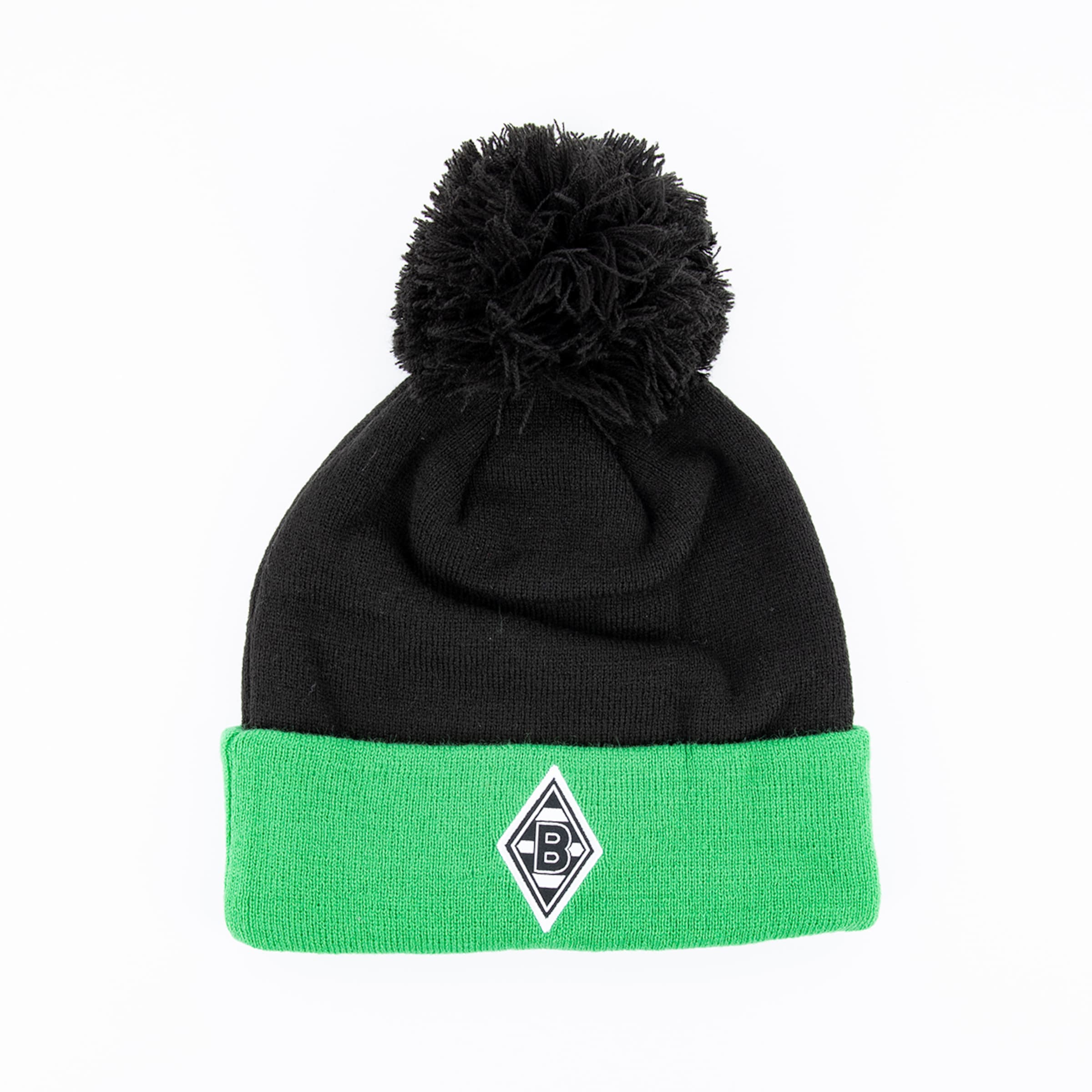 Schwarz-grüner Bommelmütze mit Borussia Mönchengladbach-Logo.