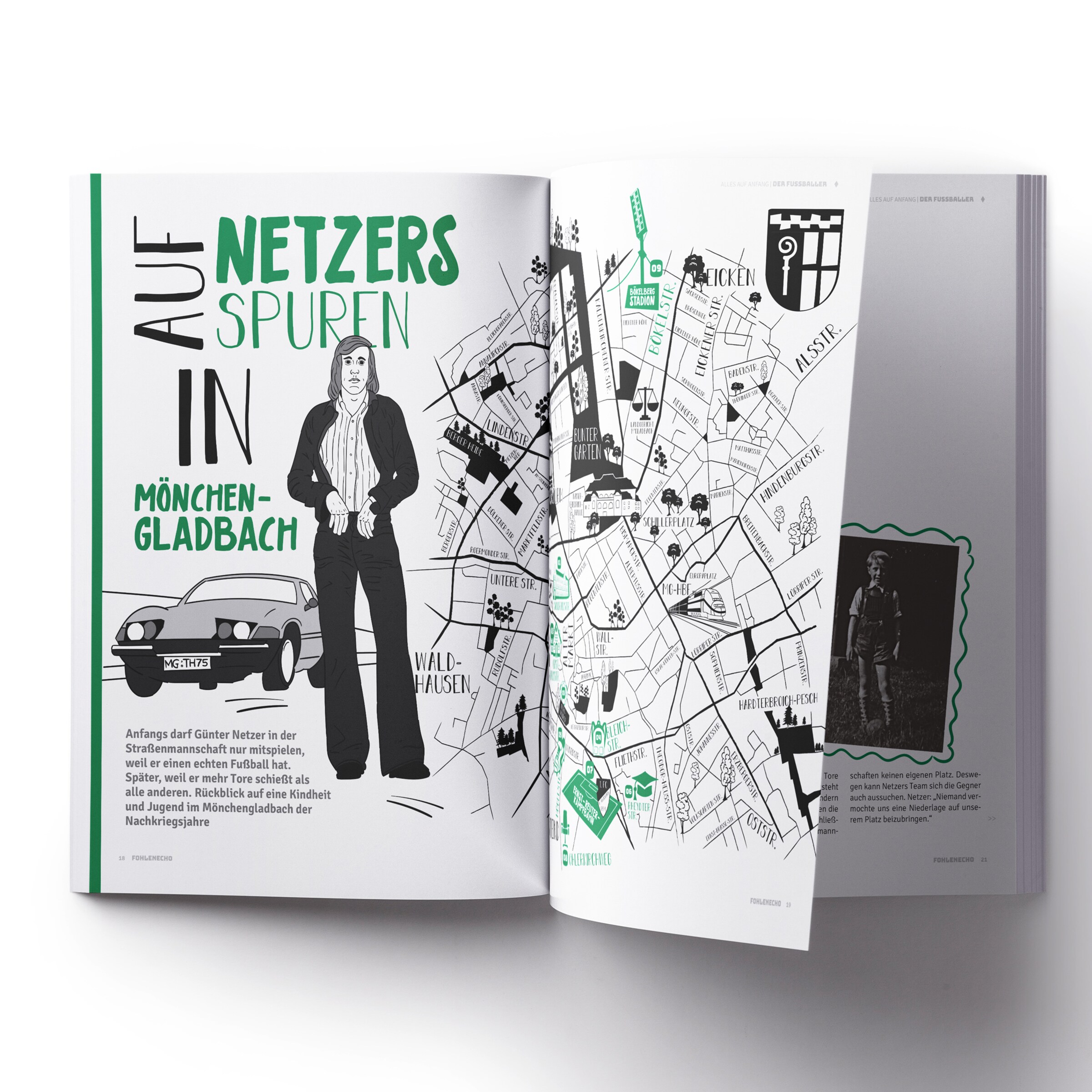 Magazin-Doppelseite über Günter Netzer in Mönchengladbach mit Illustration, Stadtplan und Kindheitsfoto im grün-schwarzen Design.
