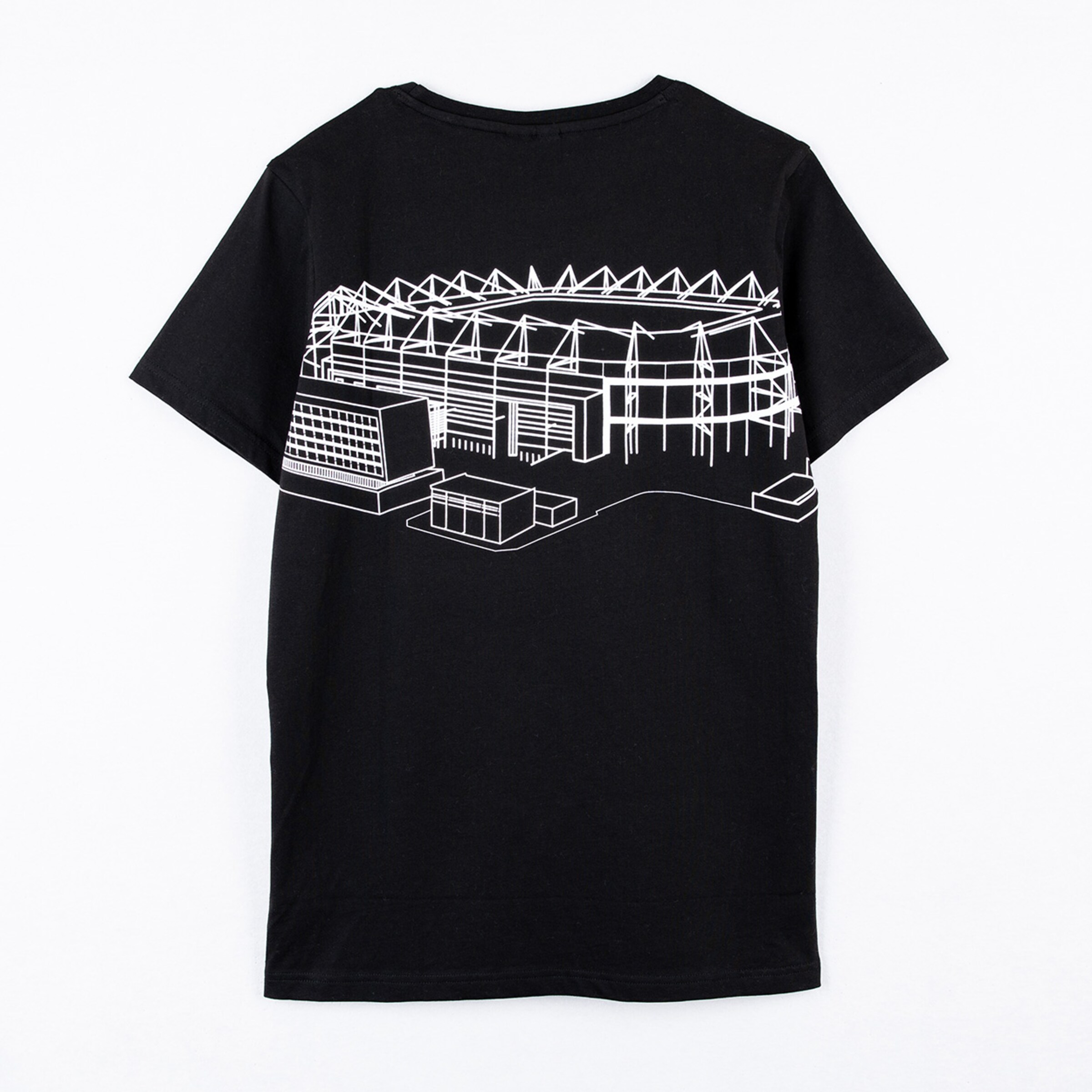 Schwarzshirt mit weißem Konturdesign eines Stadions.