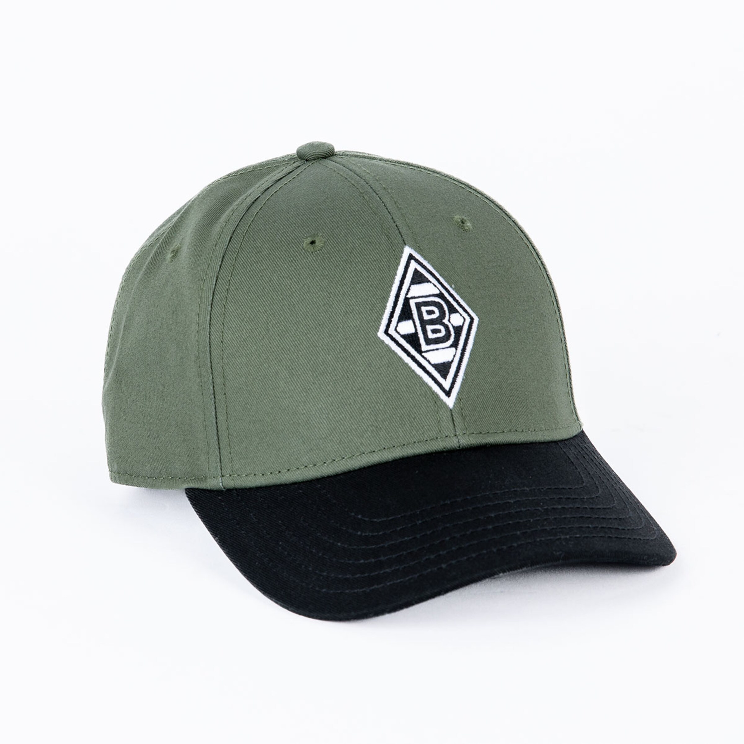 Grüne Baseballmütze mit schwarzem Schild und gesticktem Borussia Mönchengladbach-Logo.