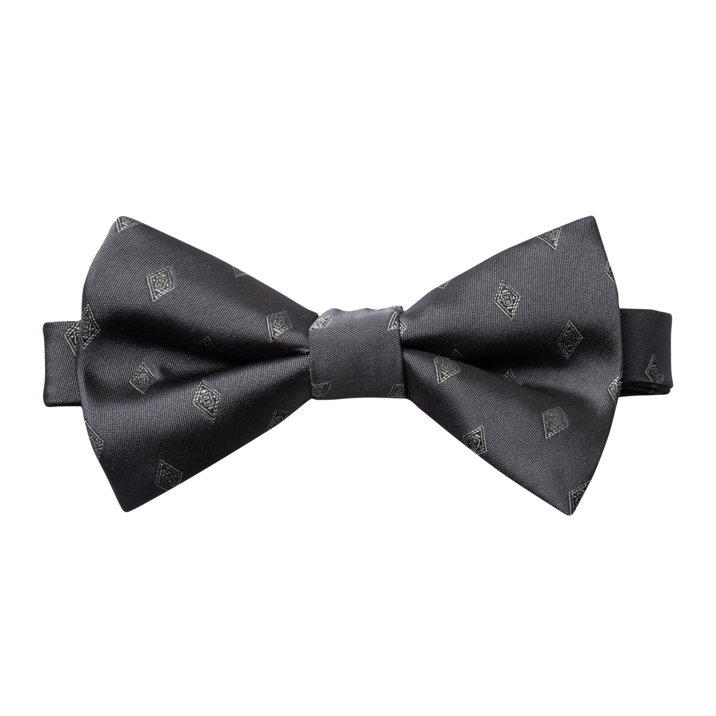 Dunkelgraue Fliege mit silbernem Rautenmuster auf weißem Hintergrund.