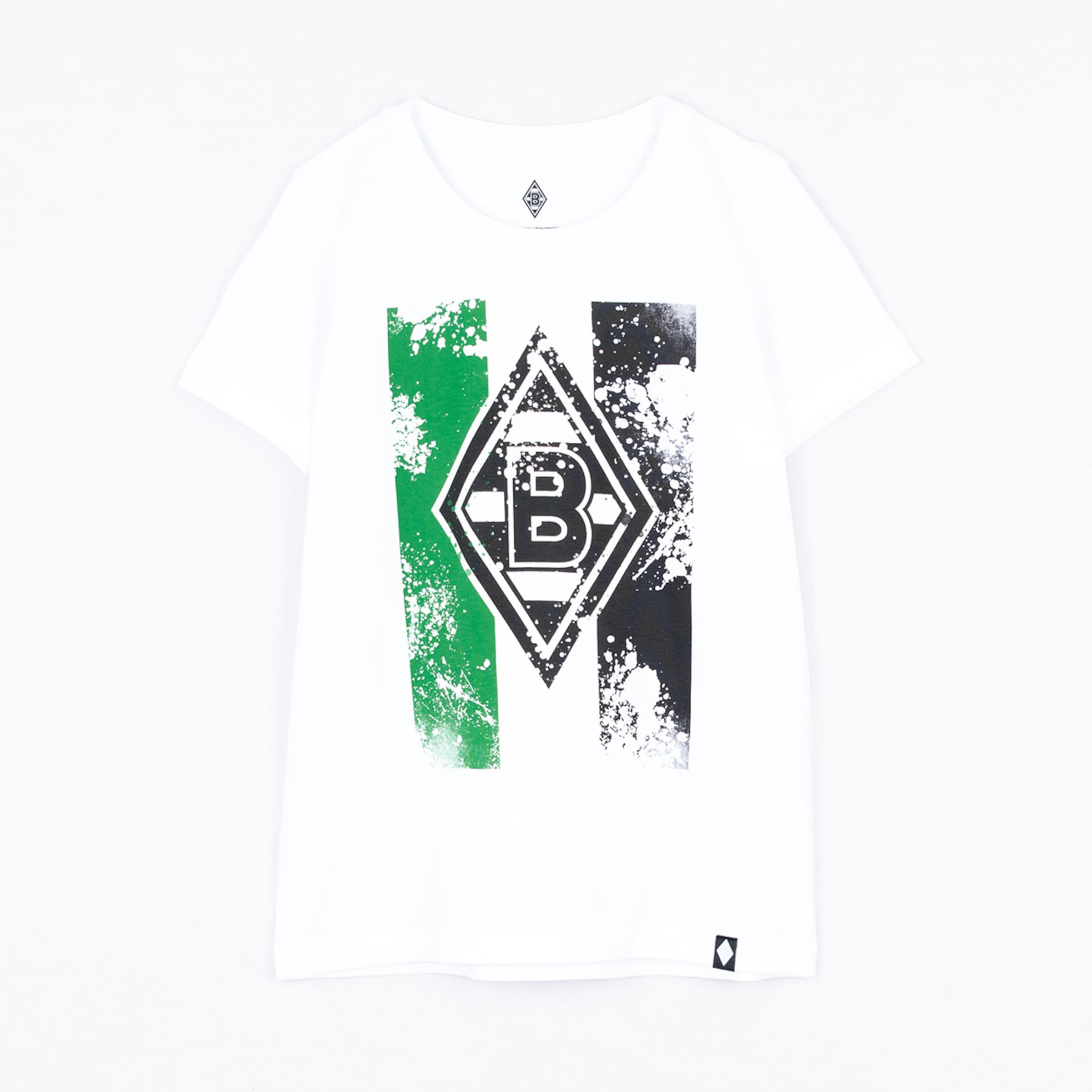 Weißes T-Shirt mit grün-schwarzem Farbspritzer-Print und dem zentralen Borussia Mönchengladbach-Rautenlogo.