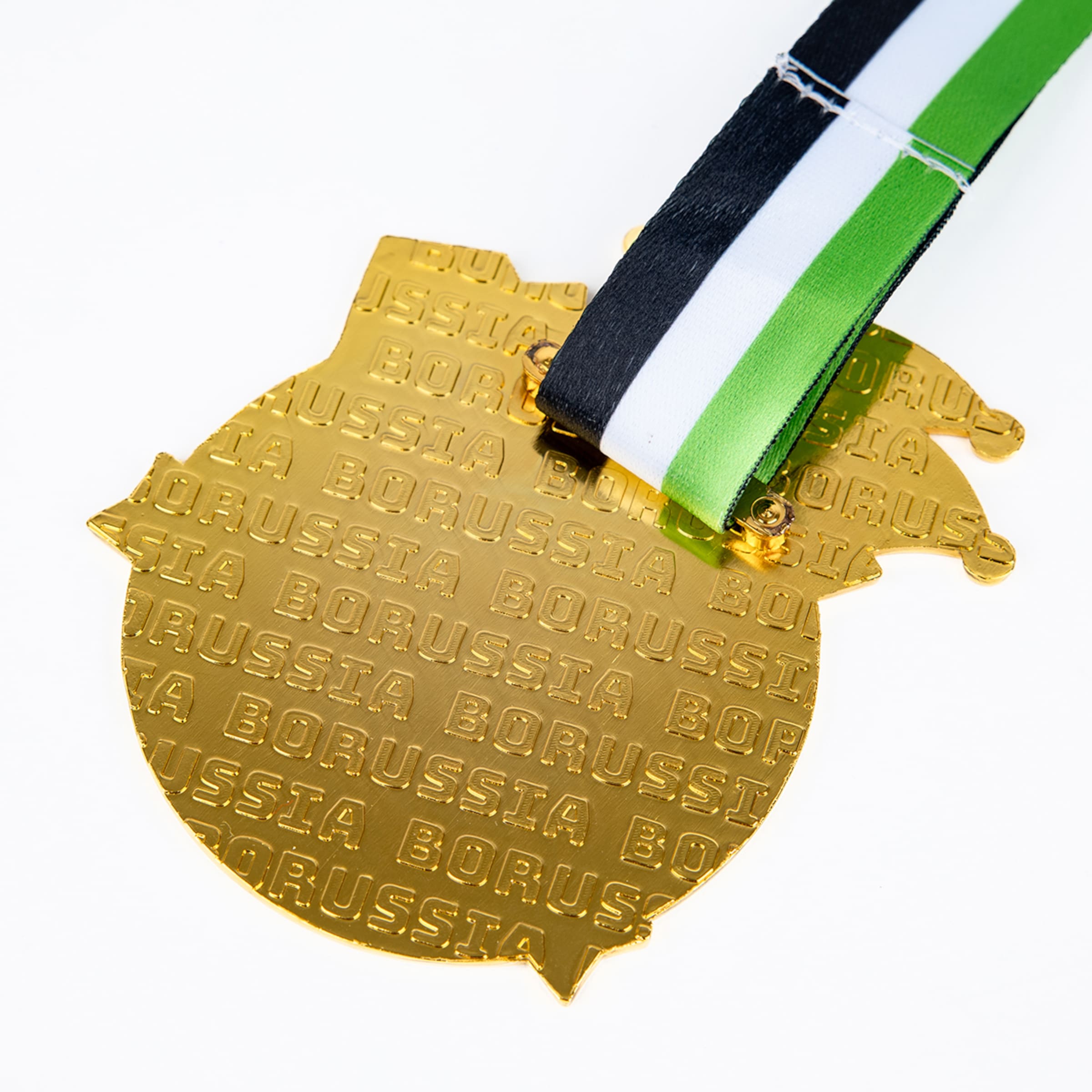Gold medal with repeated embossed "BORUSSIA" lettering and a black, white, and green striped ribbon.