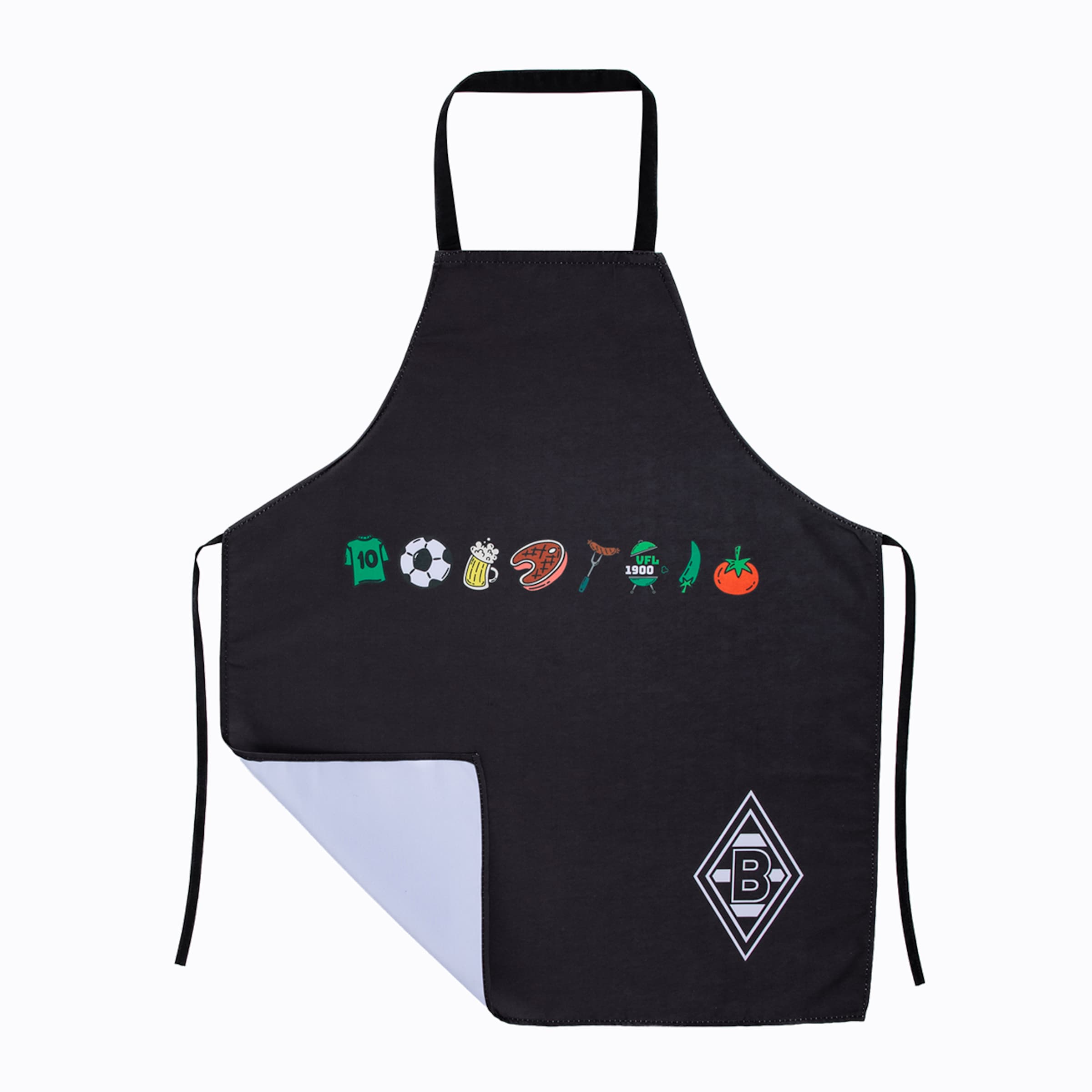 Schwarze Grillschürze mit Fußball- und Grill-Icons sowie dem Logo von Borussia Mönchengladbach. Untere linke Ecke weiß umgeschlagen.