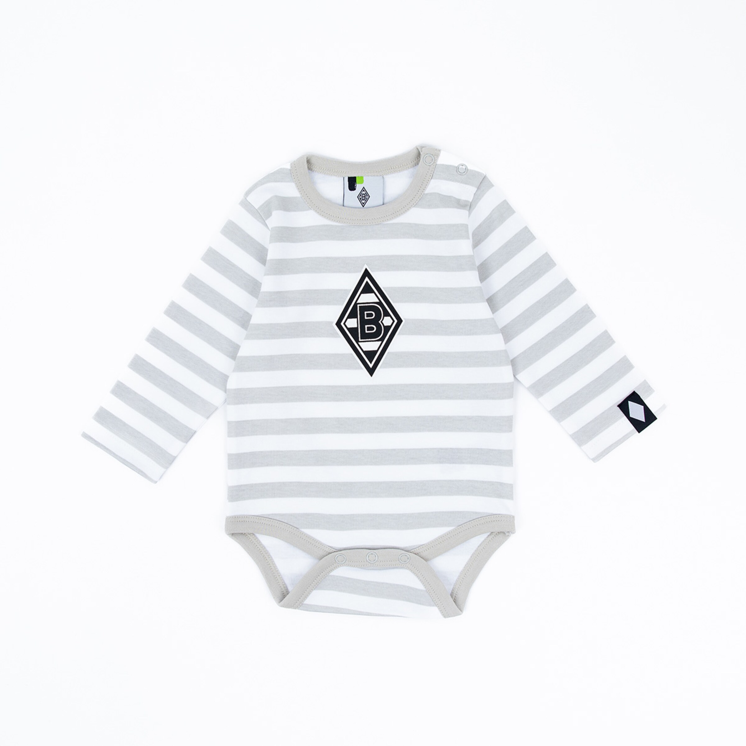 Langarmbody mit grauen Streifen und Borussia Mönchengladbach-Logo auf der Vorderseite.