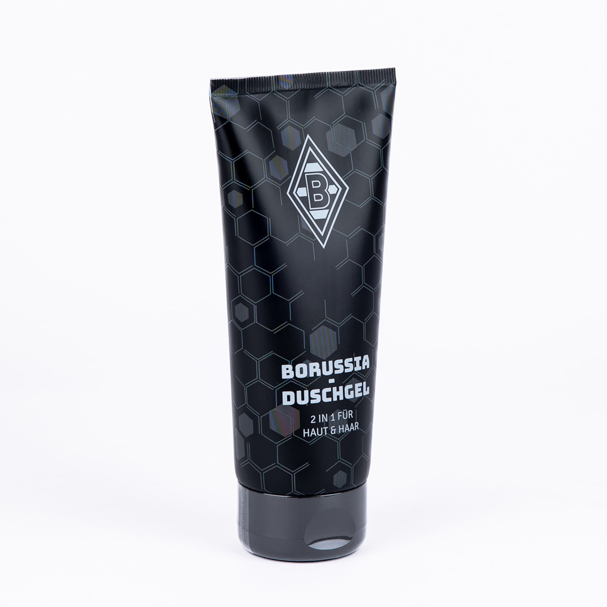 Schwarze Tube Borussia Mönchengladbach 2 in 1 Duschgel für Haut & Haar mit Wabenmuster auf weißem Grund.