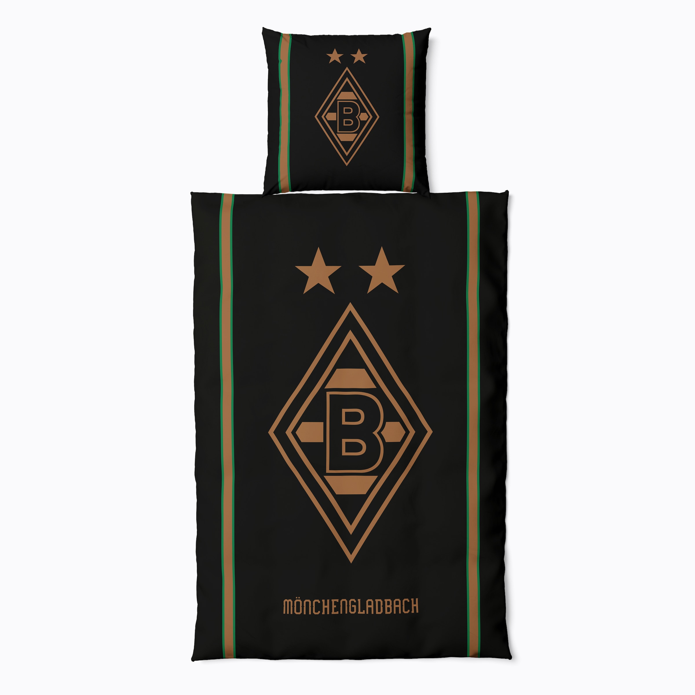 Black Borussia Mönchengladbach bedding featuring a bronze logo, two stars, green and bronze stripes, and "Mönchengladbach" lettering.
